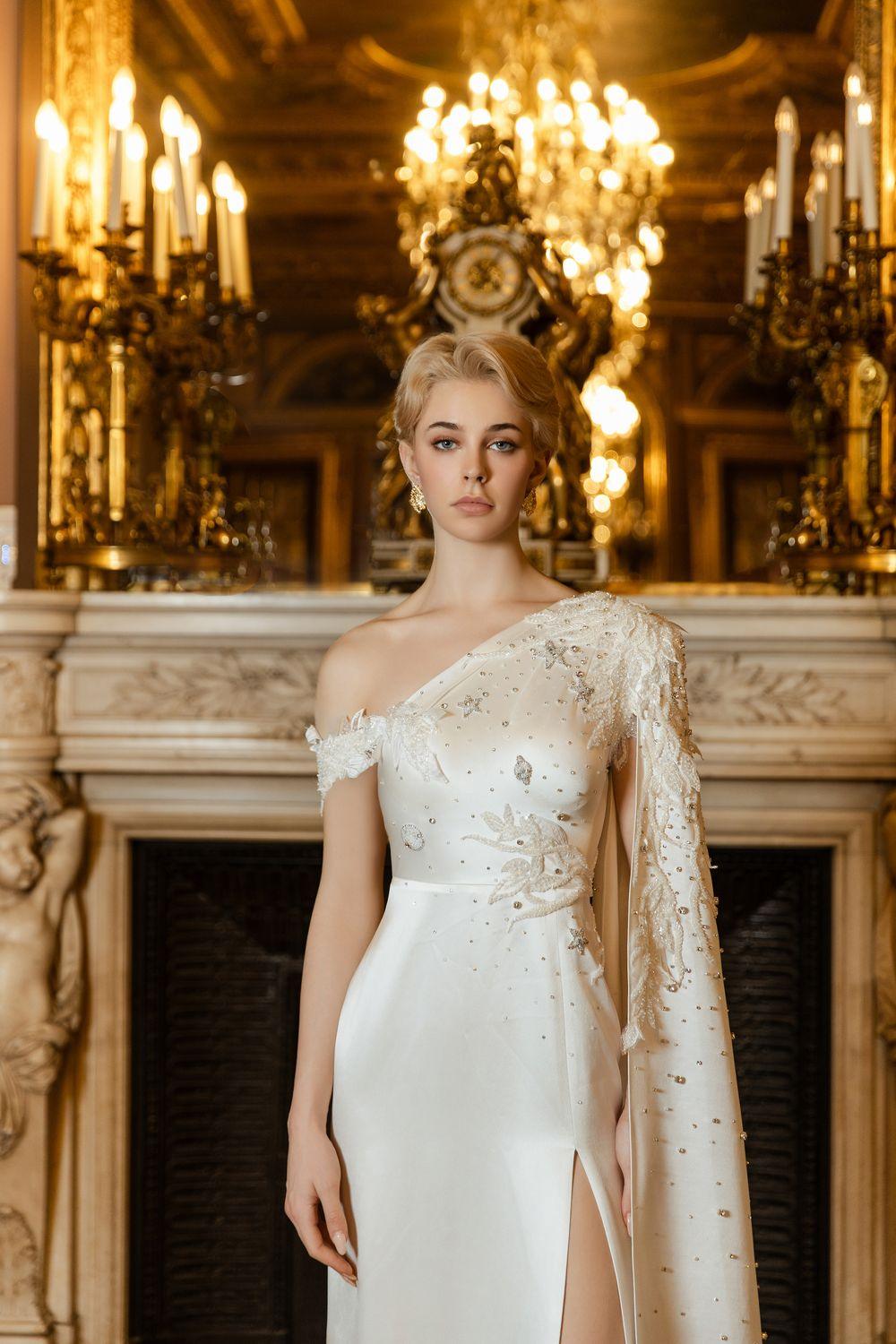 Asymmetric Sleeve Side Slit Dress