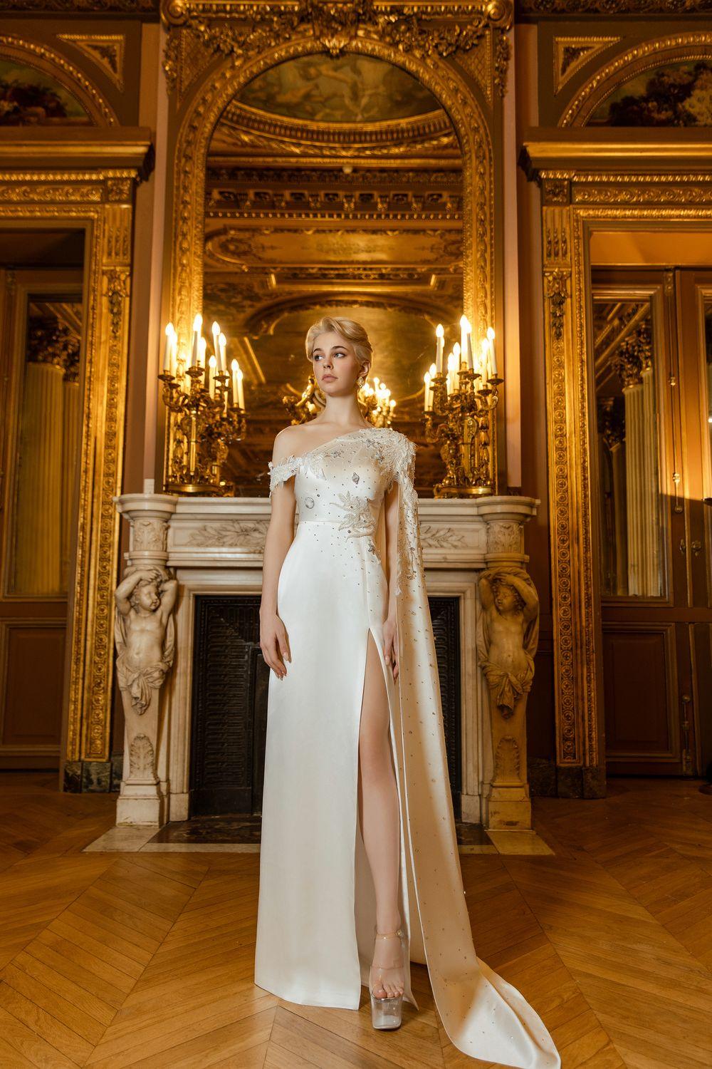 Asymmetric Sleeve Side Slit Dress