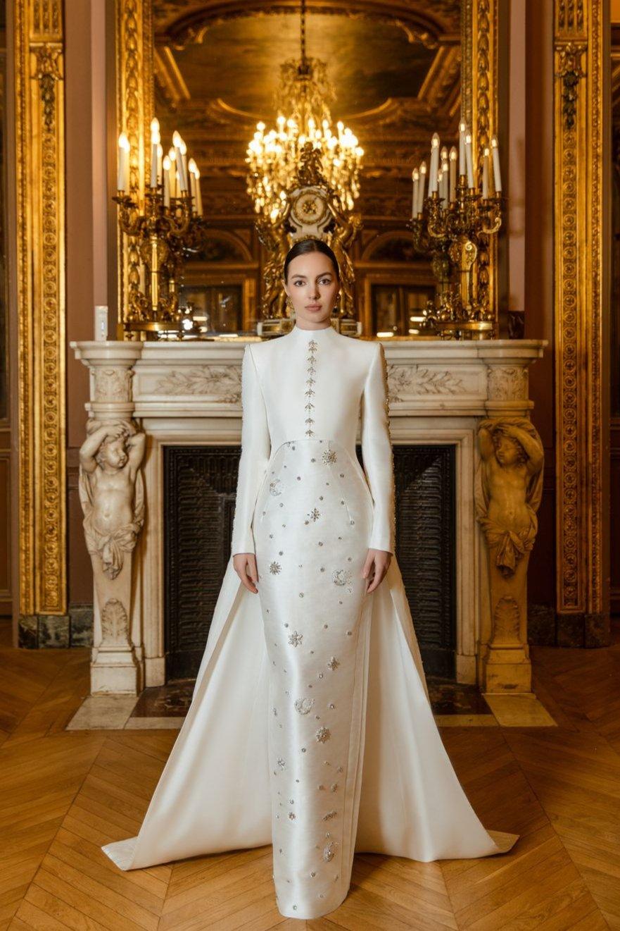 Stone Embellished Straight Dress with Long Back Crystal Flap Cape Set S / White Stone Embellished Straight Dress with Long Back Crystal Flap Cape Set S / White