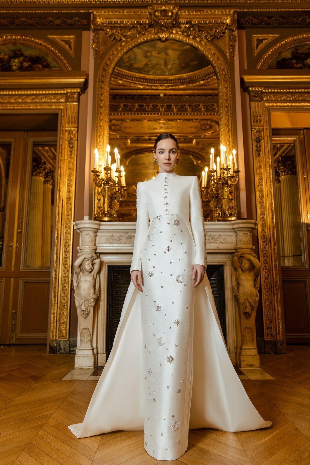 Stone Embellished Straight Dress With Long Back Crystal Flap Cape Set