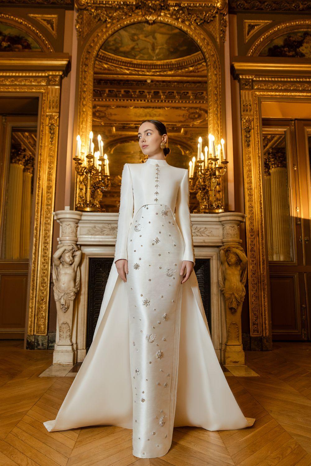 Stone Embellished Straight Dress With Long Back Crystal Flap Cape Set