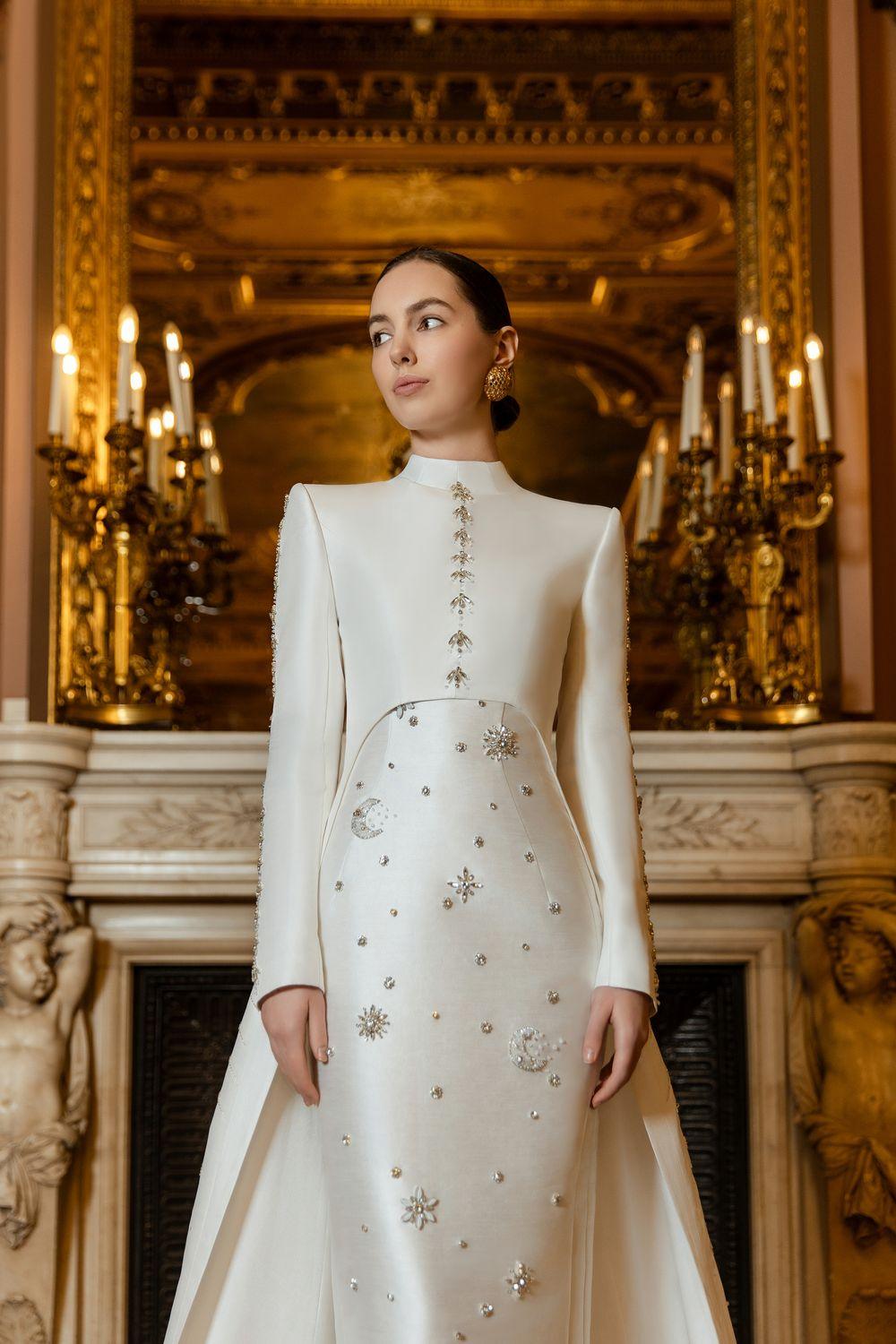 Stone Embellished Straight Dress With Long Back Crystal Flap Cape Set XS / White Stone Embellished Straight Dress With Long Back Crystal Flap Cape Set XS / White