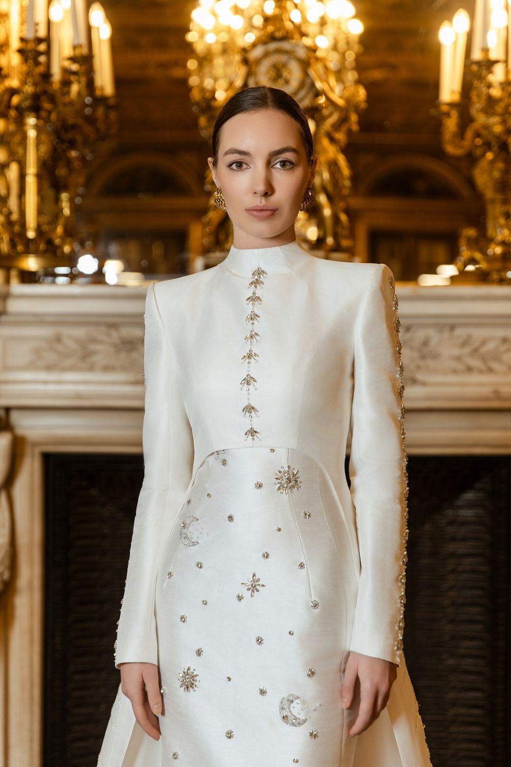 Stone Embellished Straight Dress With Long Back Crystal Flap Cape Set