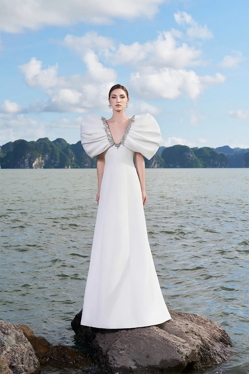 Puffy Gathered Sleeves Deep V-Neck Dress