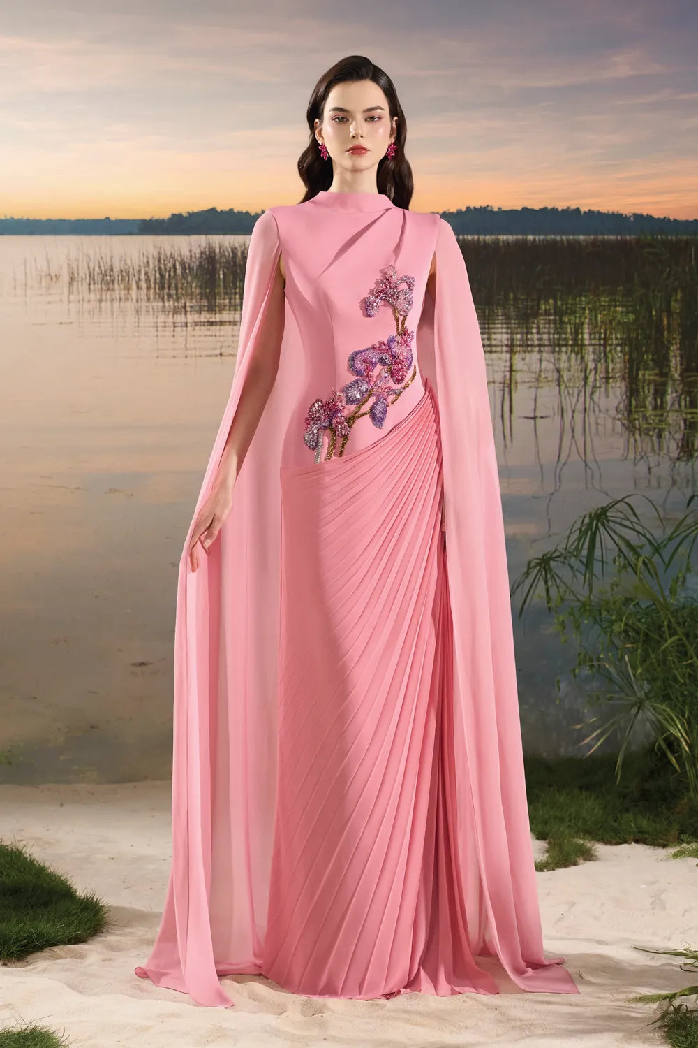 Long Flap Diagonal Pleated Dress - TRACY COUTURE