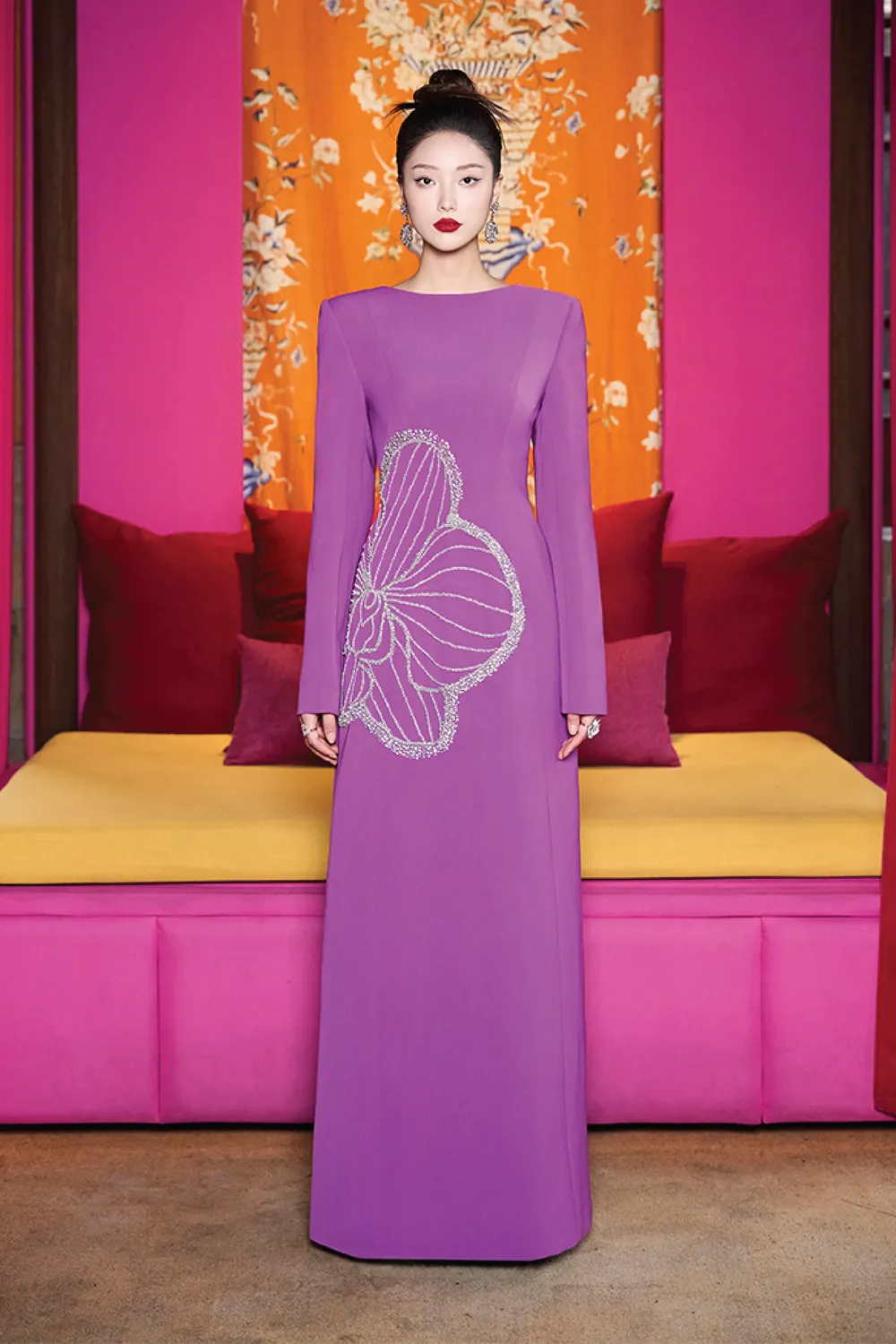 Boat Neck Orchid Crystal Embellished Dress