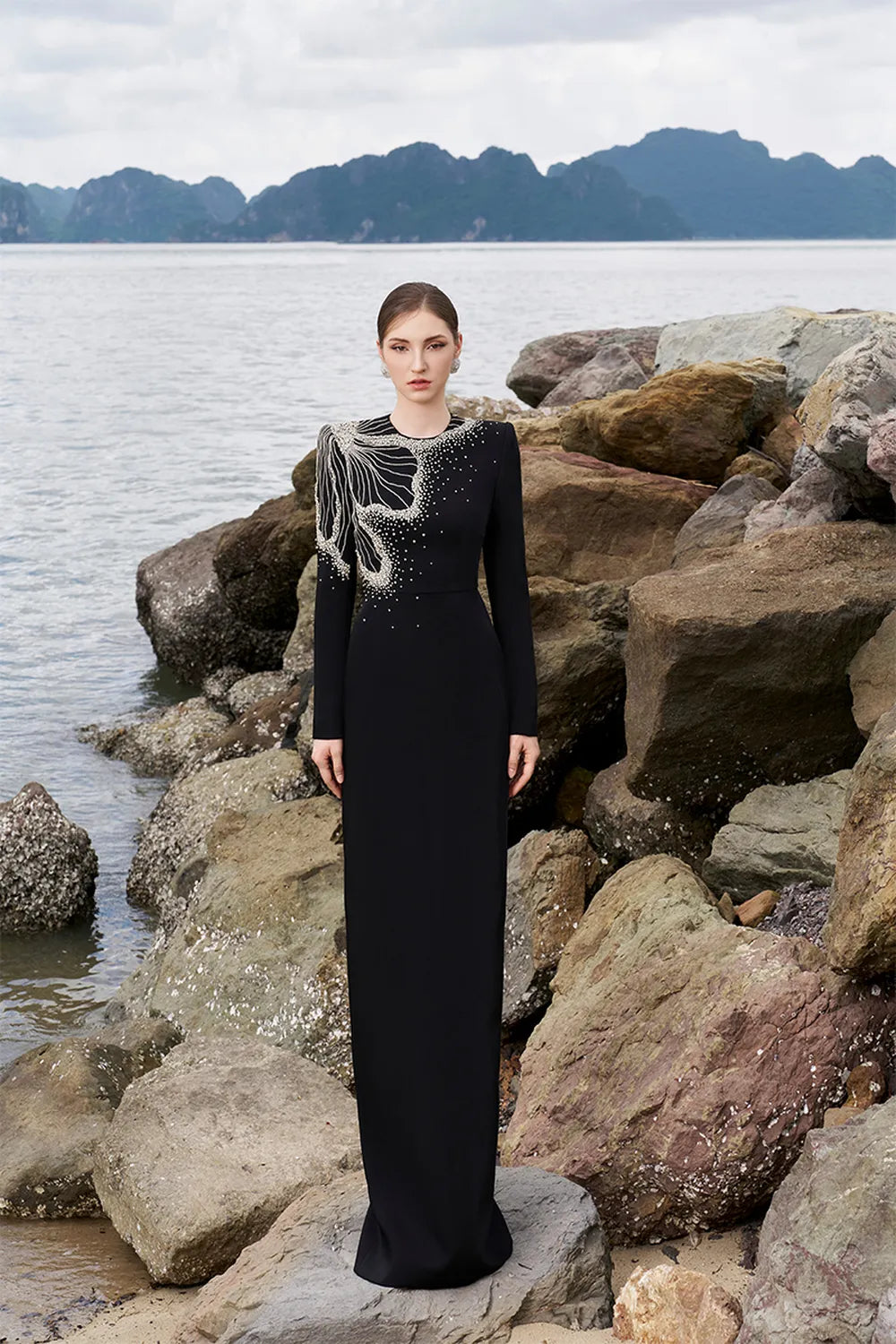 One Side Floral Crystal Embellishment Long Sleeves Dress