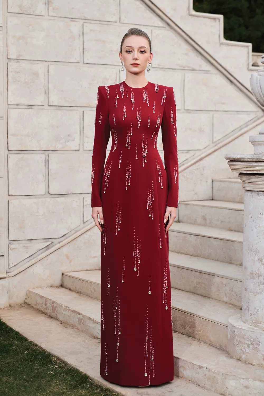 Long Sleeve Rainfall Crystal-Embellished Dress