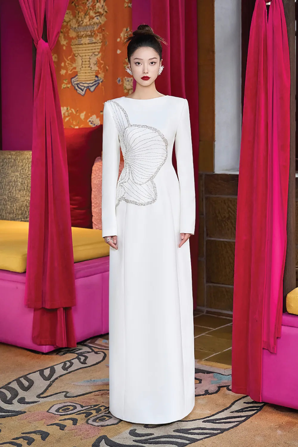 Crystal Embellished Boat Neck Dress - TRACY COUTURE