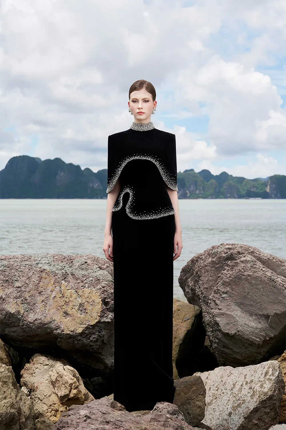 High Neck Curved Cape With Wavy Crystal Embellished Line Dress Set