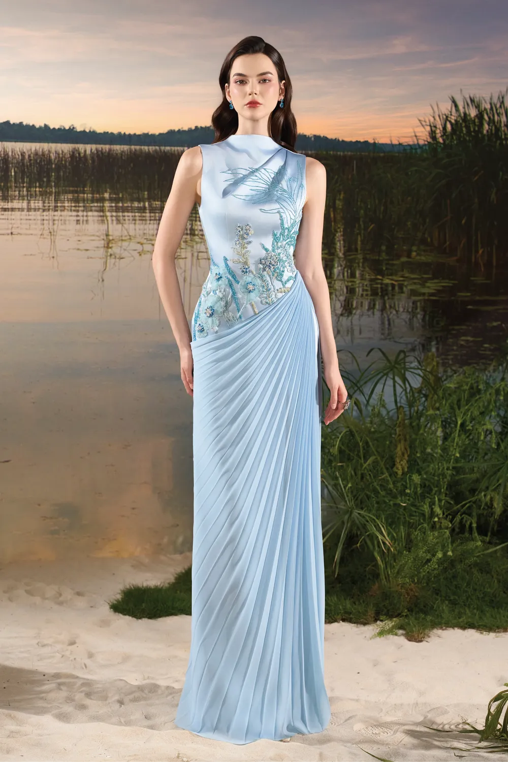 Floral Embellished Diagonal Pleated Dress - TRACY COUTURE