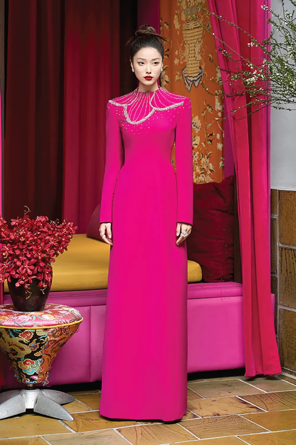 High Neck Crystal Embellished Dress - TRACY COUTURE