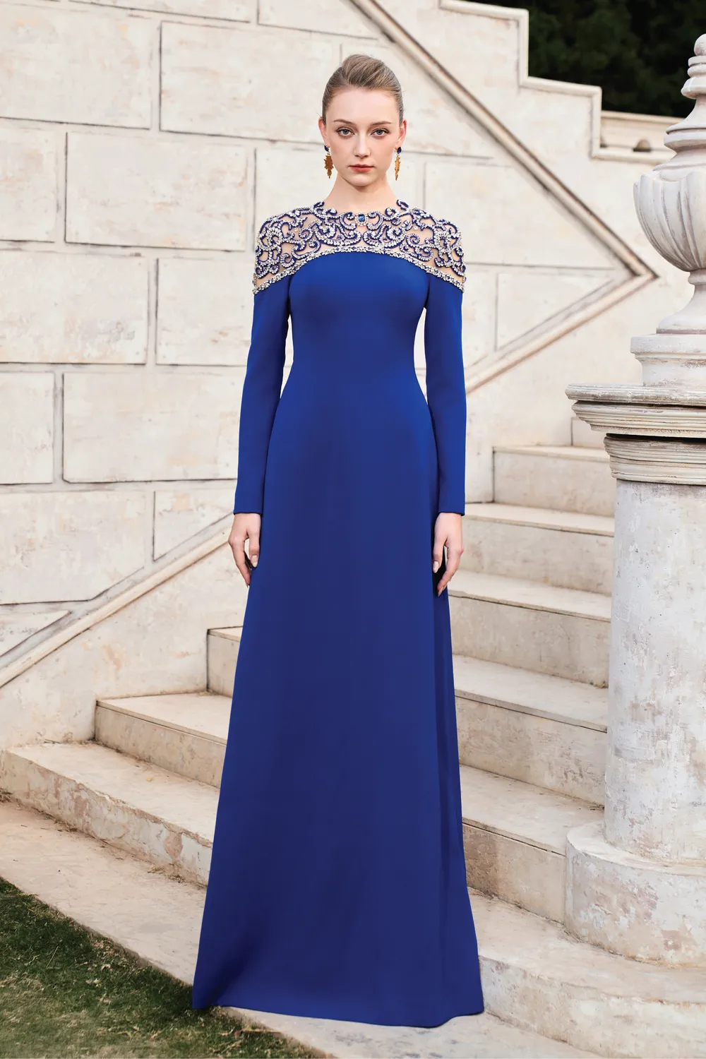 Round Neck Stylized 3D Crystal-Embellished A-line Dress