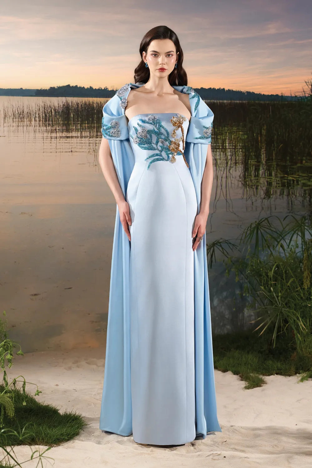 Puffy Shoulder Cape Strapless Dress - TRACY COUTURE
