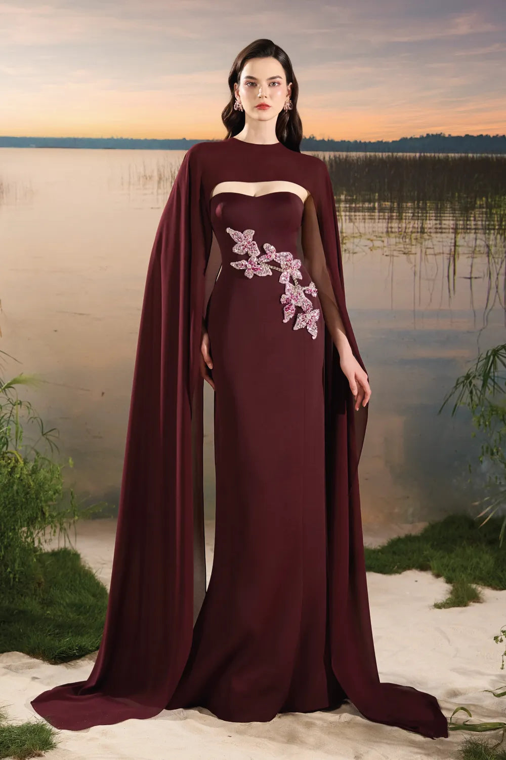 Open Chest Floral Embellished Dress - TRACY COUTURE