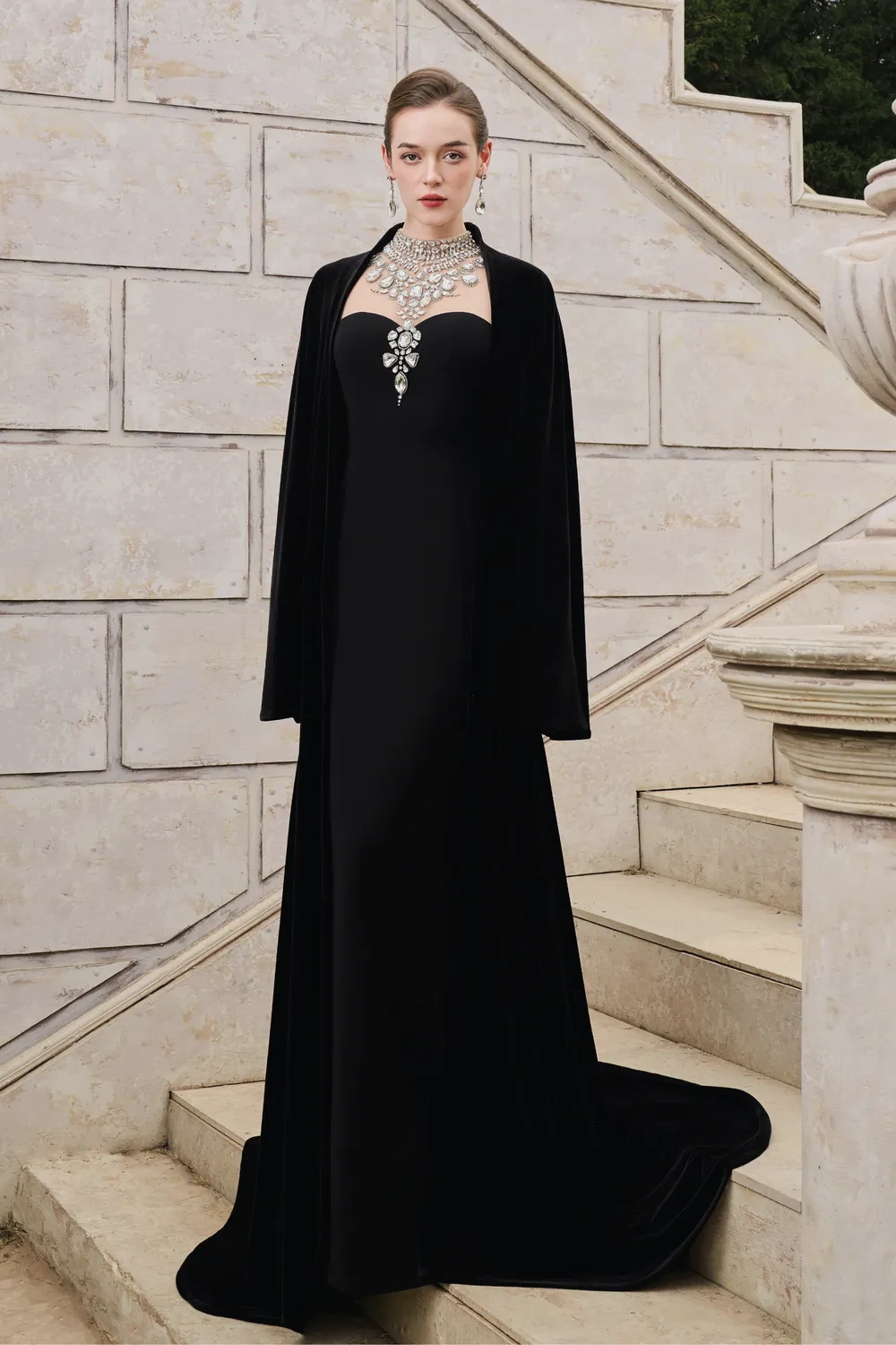 Flared Velvet Cape With Crystal-Embellished Shoulder Dress Set