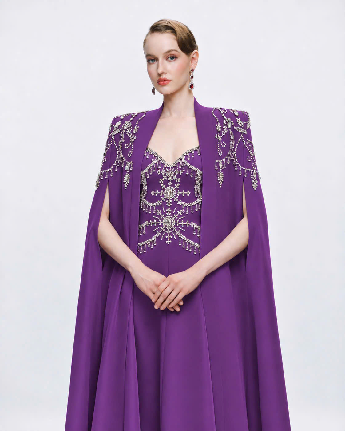 Symmetric Crystal Embellished Long Cape With Strappy Dress Set