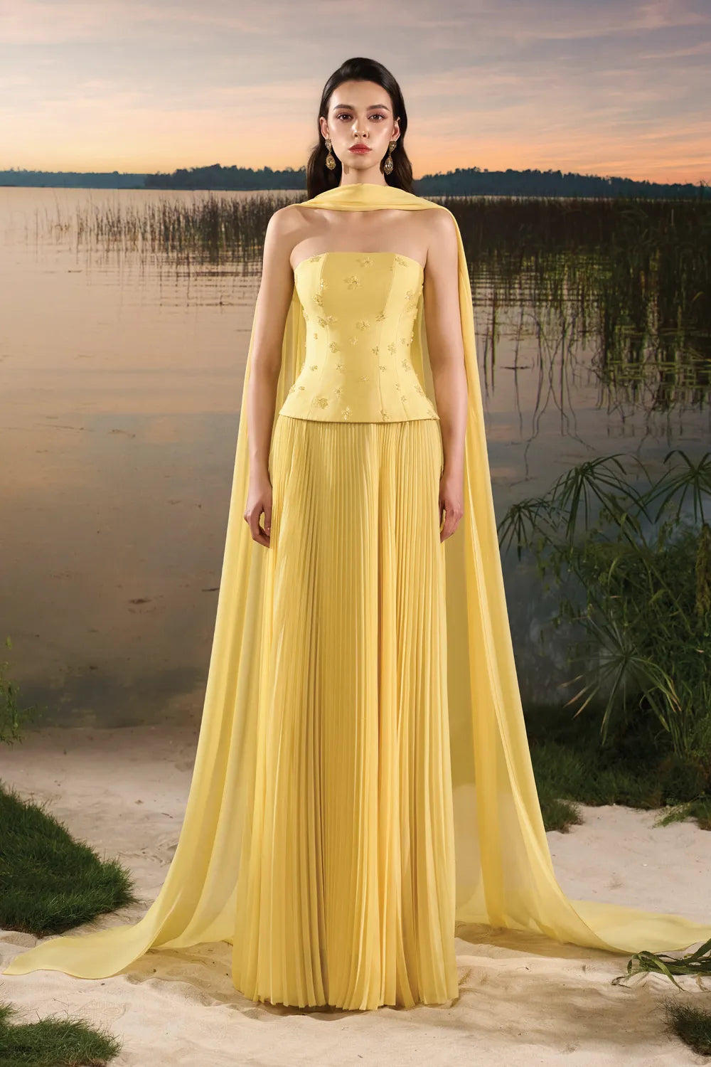 See Through Long Flap Open Shoulder Gathered Dress - TRACY COUTURE