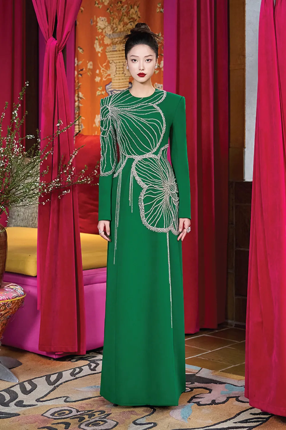 Round Neck Double Orchid Crystal Embellished Dress - TRACY COUTURE