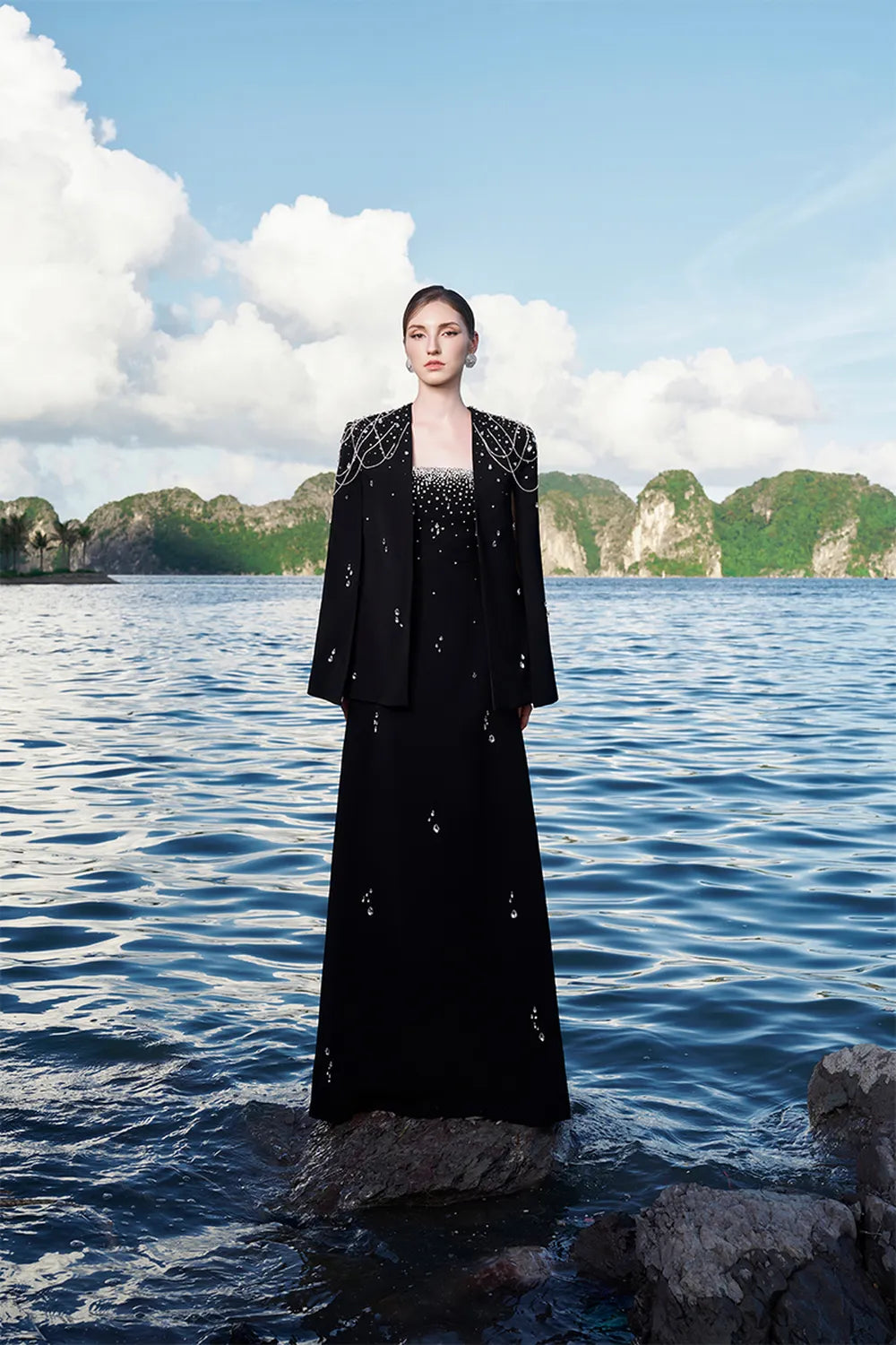 Crystal Strings Cape With Straight Across Crystal Embellished Dress Set