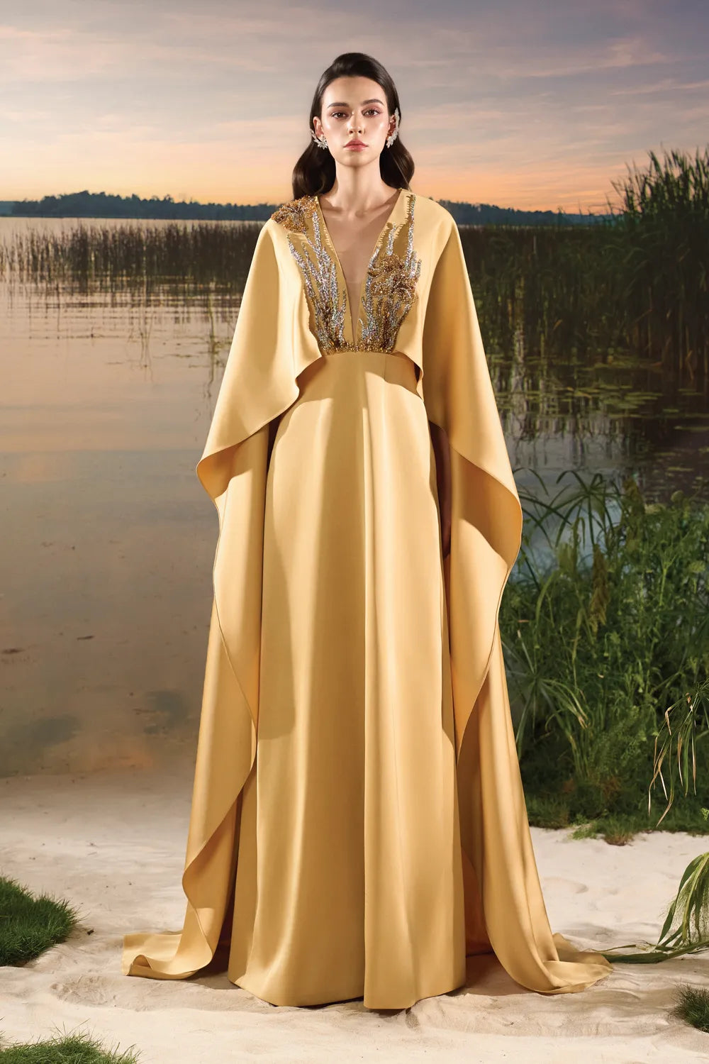 Double Embellished Wavy Flap A-Line Dress - TRACY COUTURE