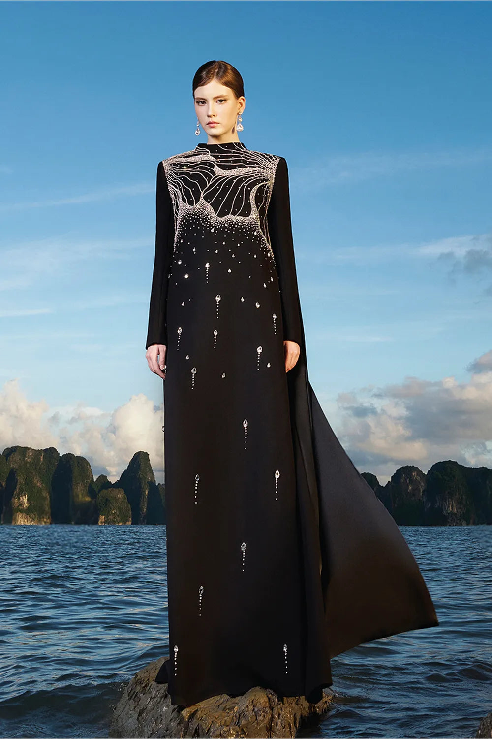 Floral Crystal Embellished Long Back Flap Dress