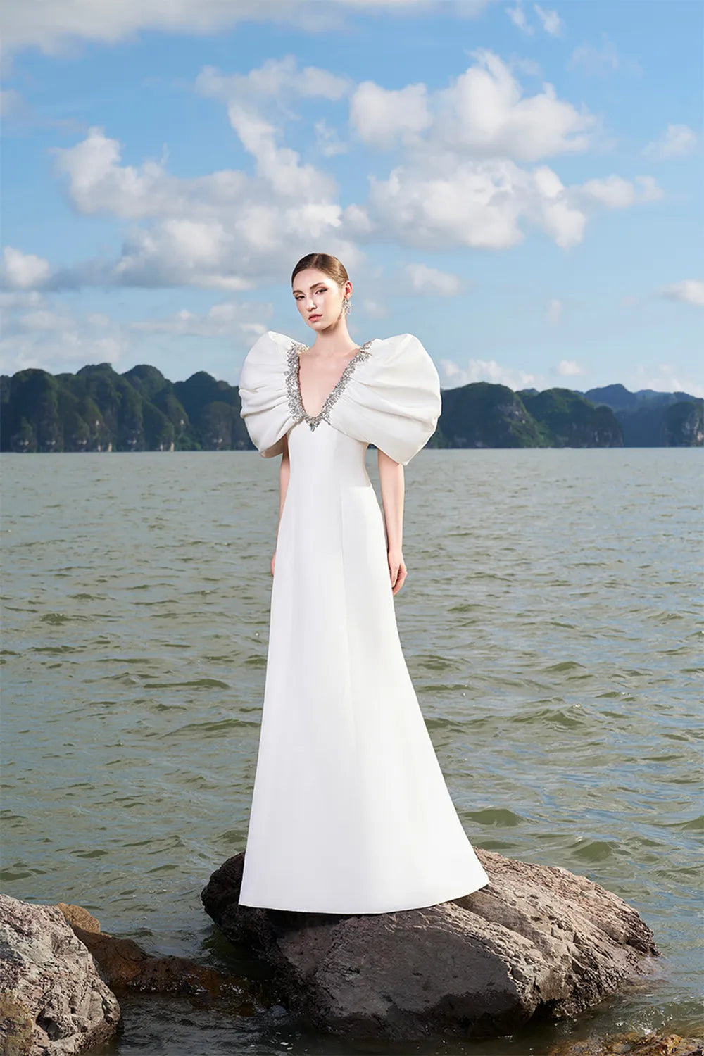 Puffy Gathered Sleeves Deep V-Neck Dress