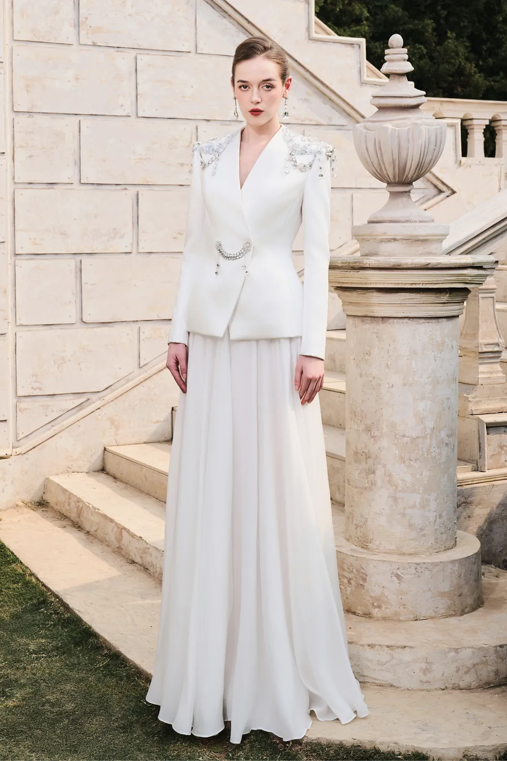 Stylized Shoulder Blazer with Flared A-Line Skirt Set XXL / White Stylized Shoulder Blazer with Flared A-Line Skirt Set XXL / White