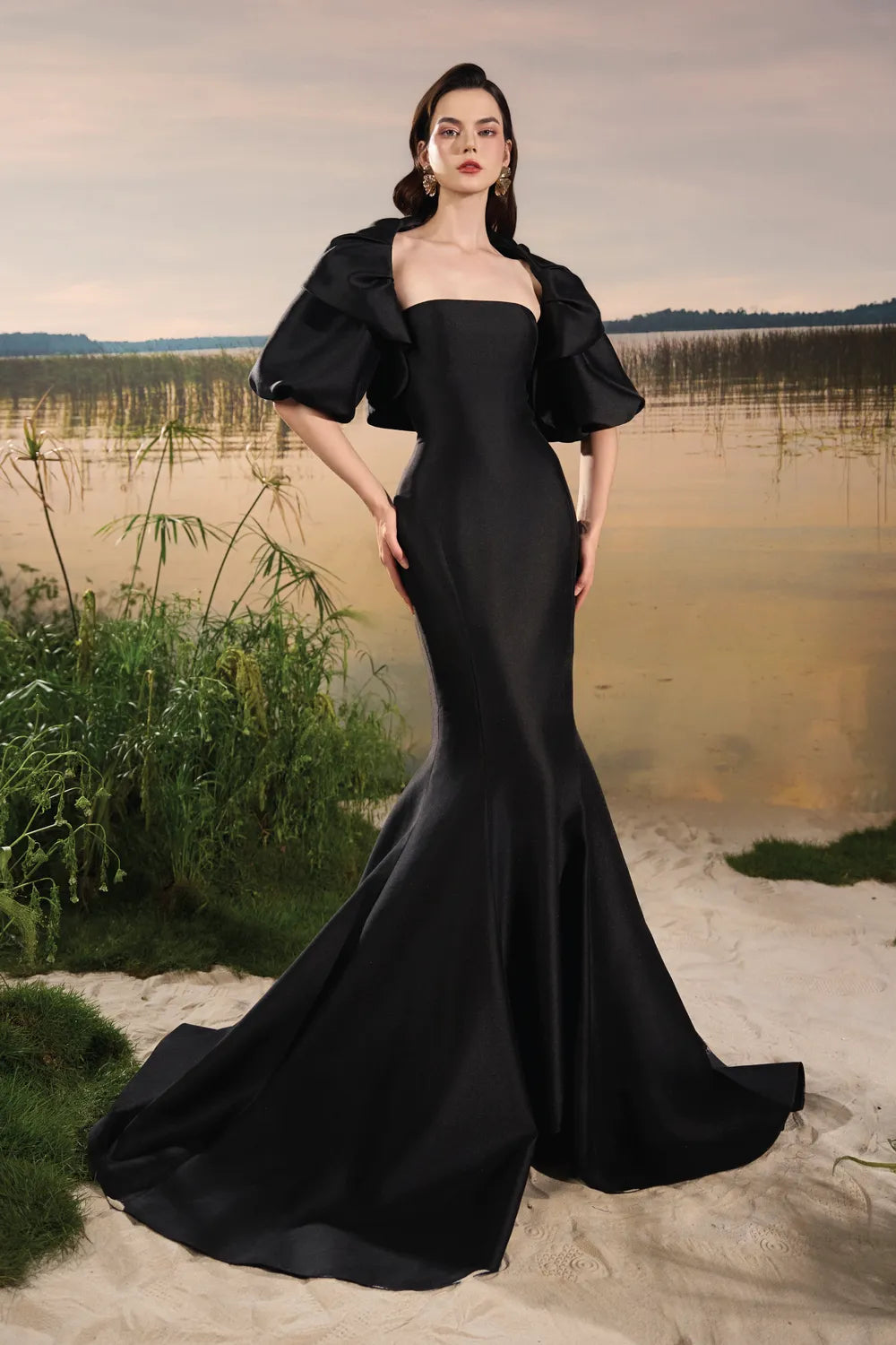 Gathered Puffy Cape Strapless Mermaid Dress - TRACY COUTURE
