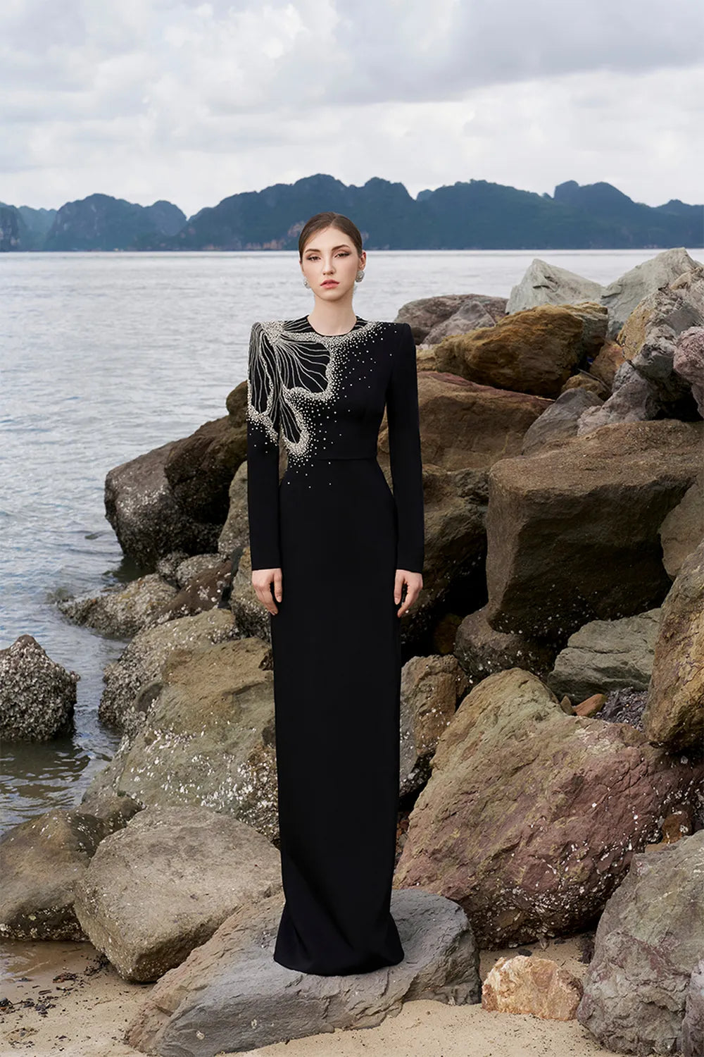 One Side Floral Crystal Embellishment Long Sleeves Dress