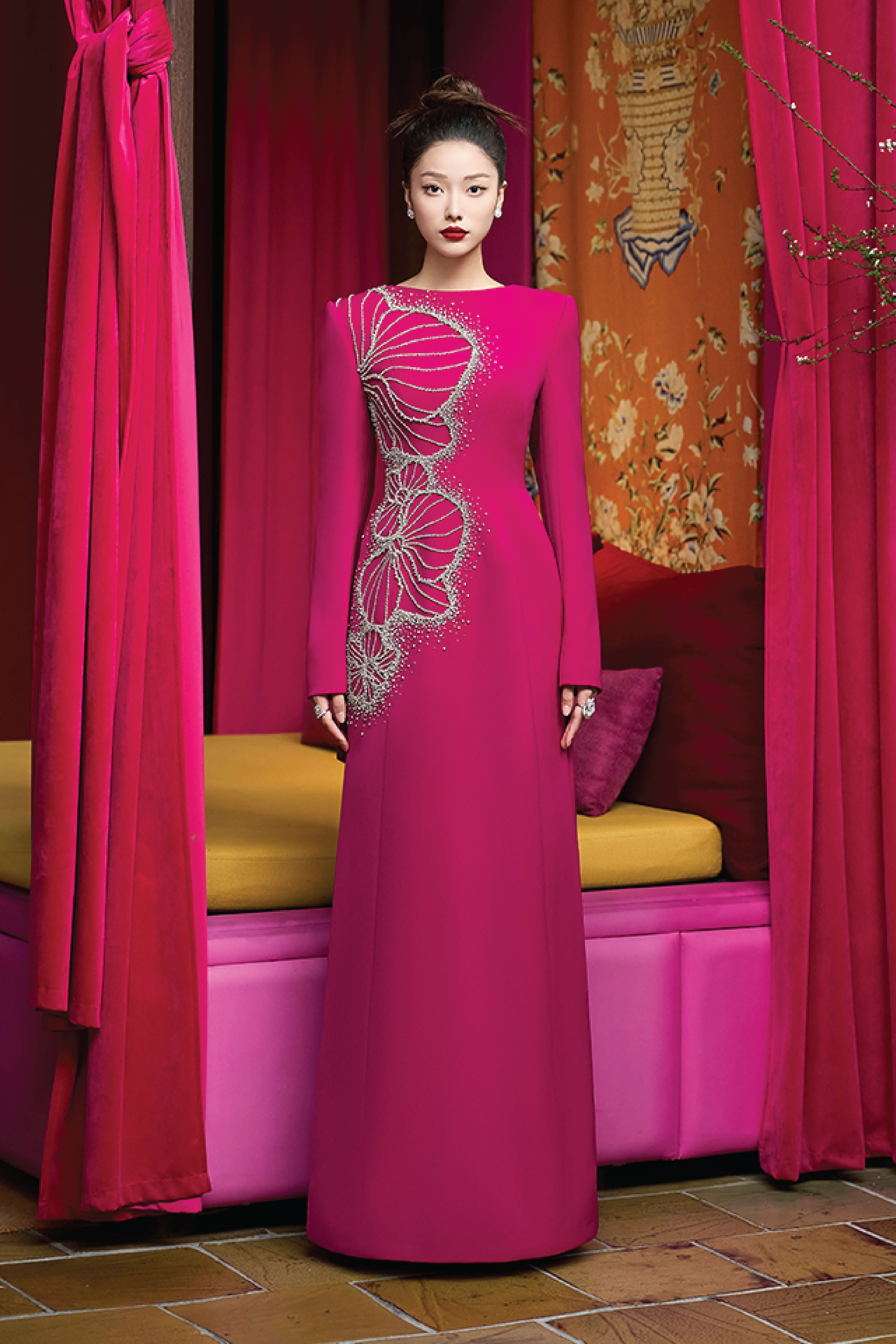 Boat Neck Crystal Embellished Dress