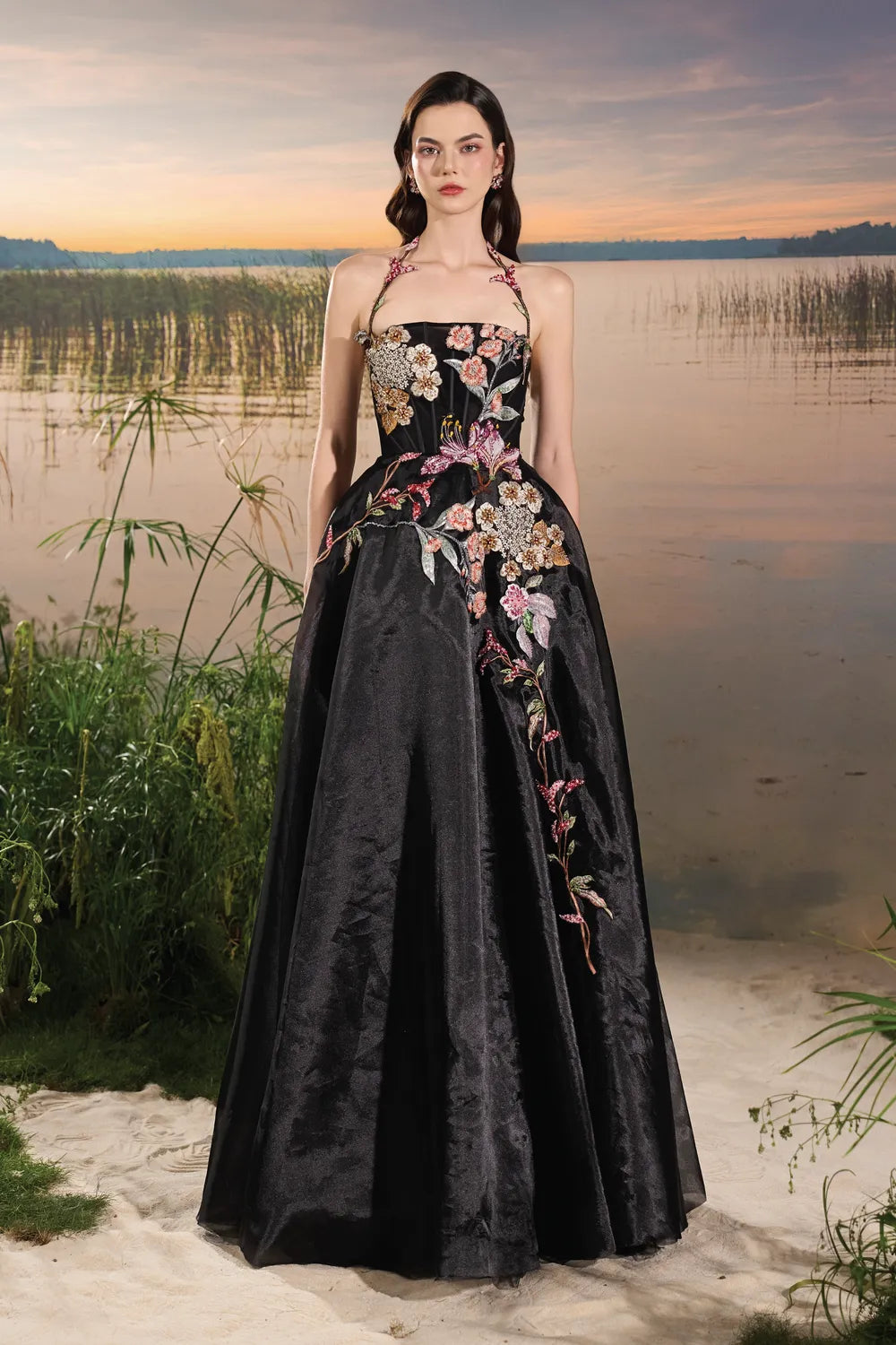 Floral Embellished Halter Strap Puffy Dress - TRACY COUTURE