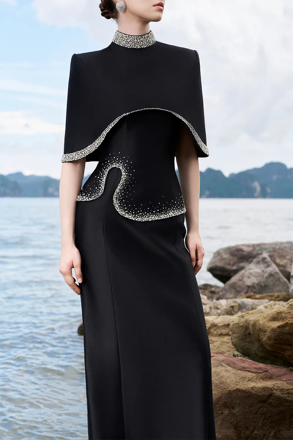 High Neck Curved Cape With Wavy Crystal Embellished Line Dress Set