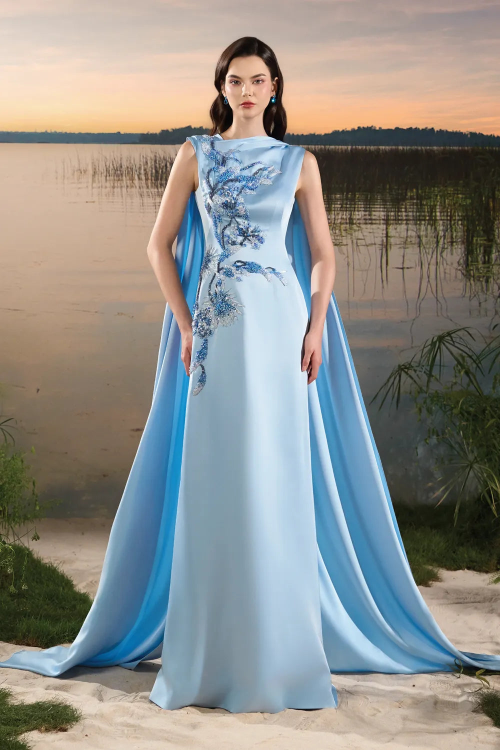 Sleeveless Boat Neck Long Back Flap Dress - TRACY COUTURE