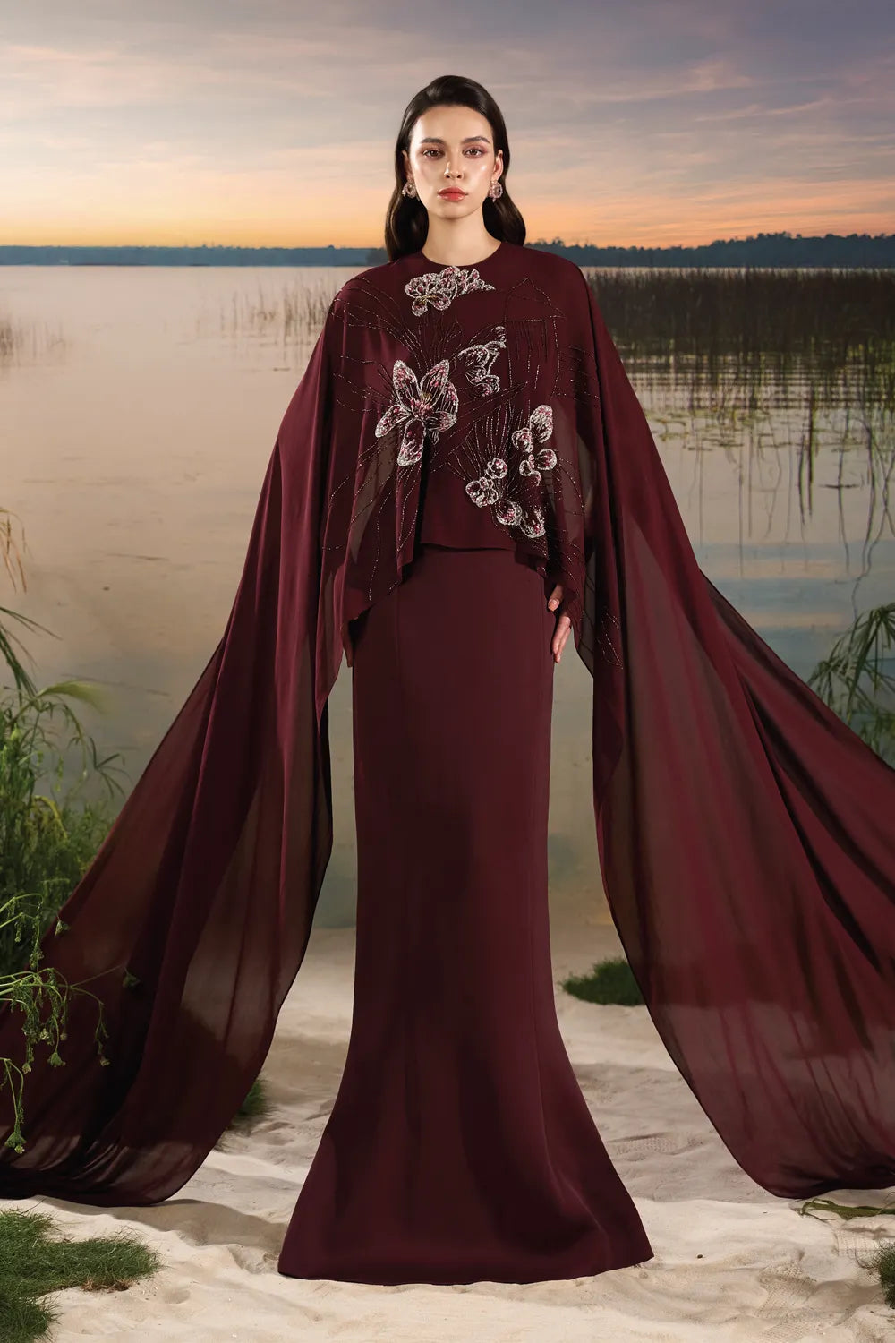 Flowing Cape Sleeve Mermaid Dress - TRACY COUTURE