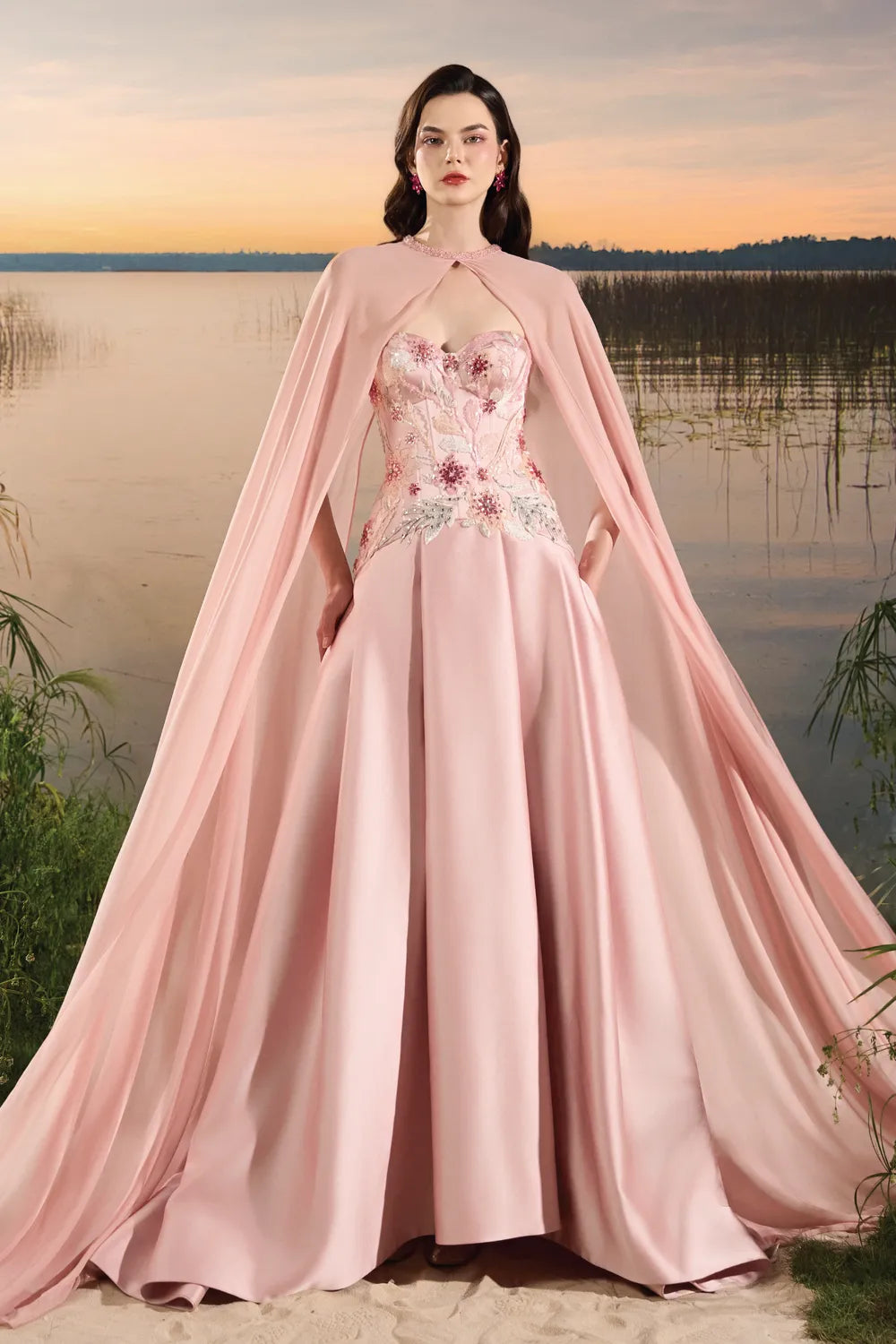Flowing Flap Floral Embellished Dress - TRACY COUTURE