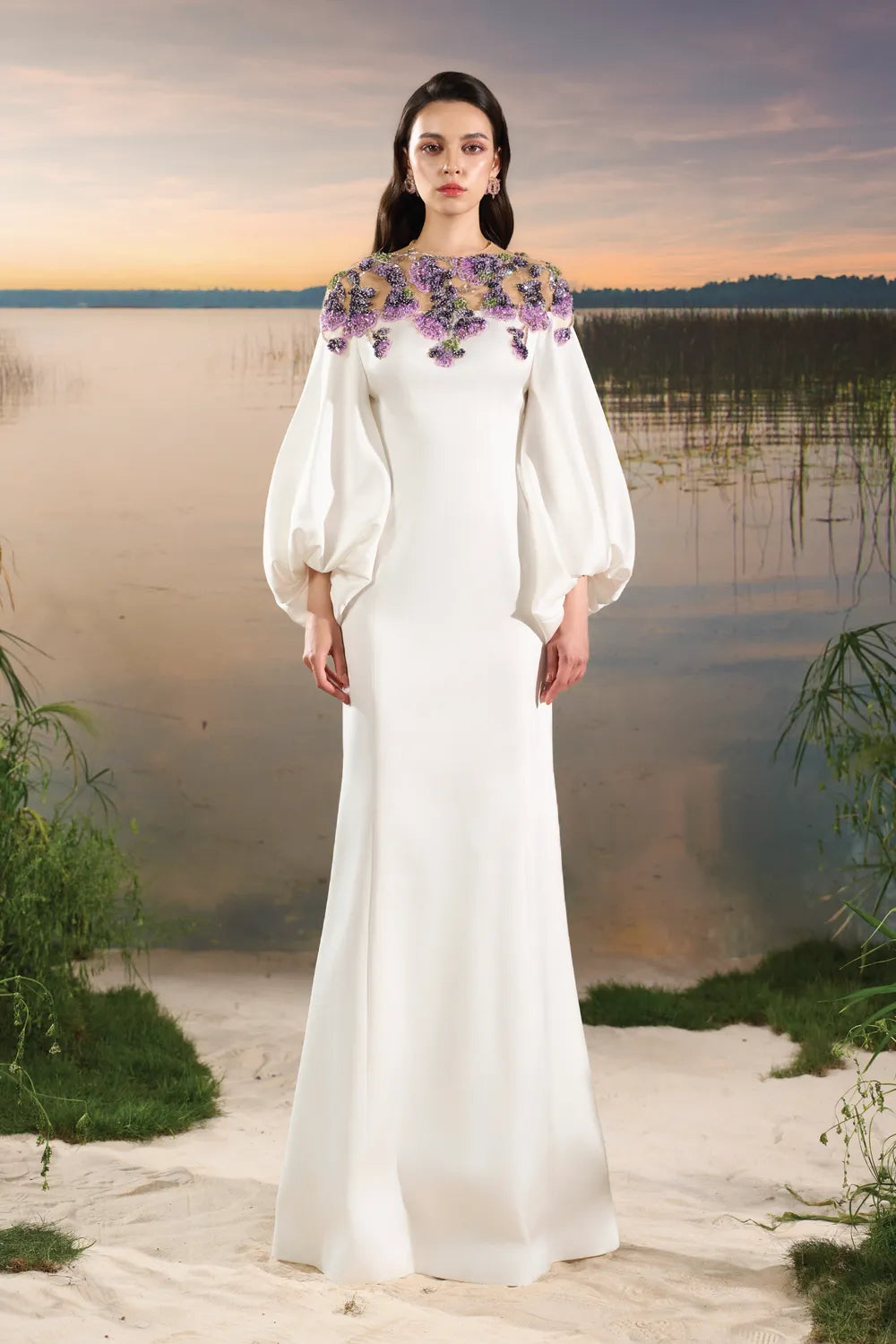 Shoulder Floral Embellished Long Puffy Sleeves Dress - TRACY COUTURE