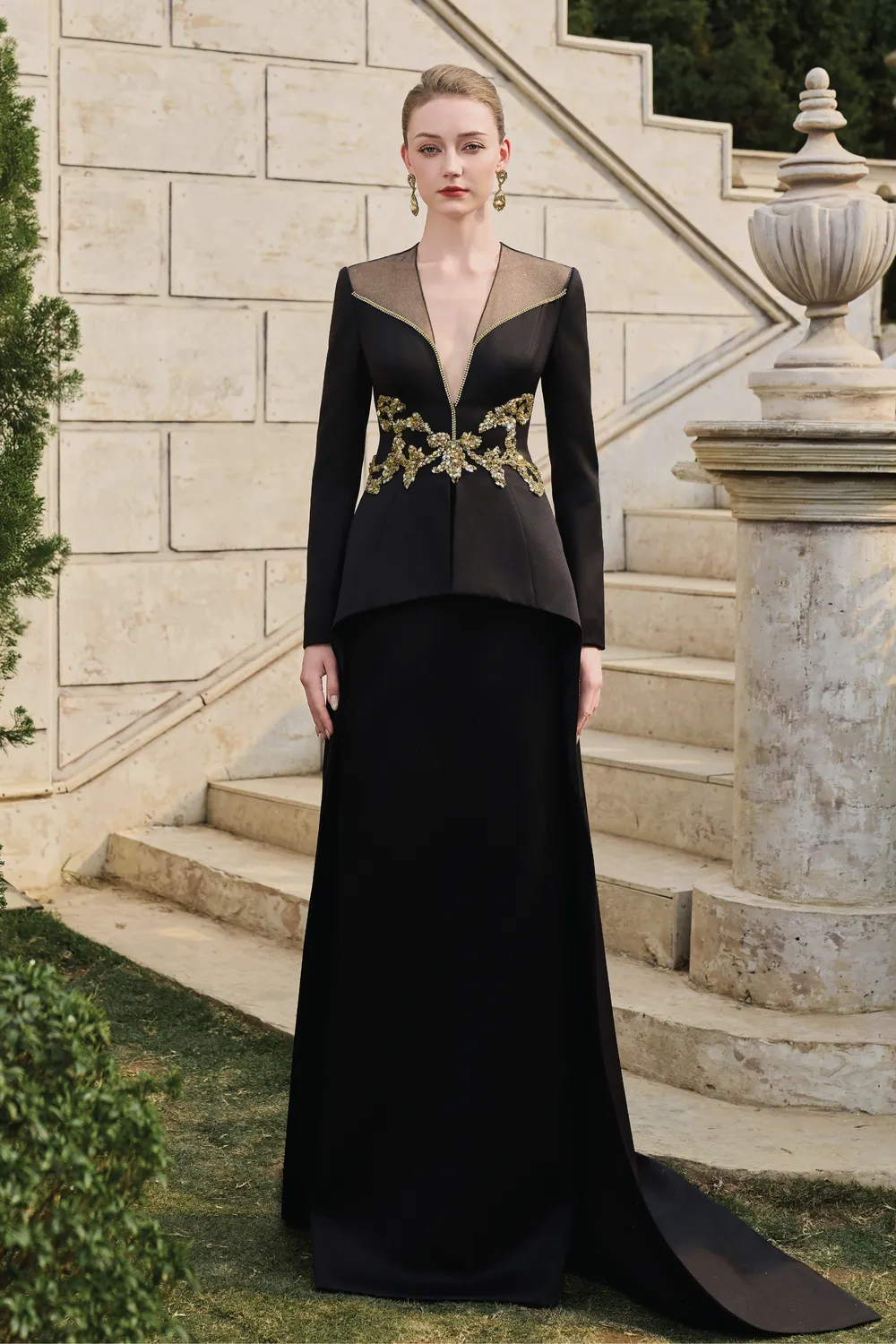 Deep V-Neck Pegged A-line Dress