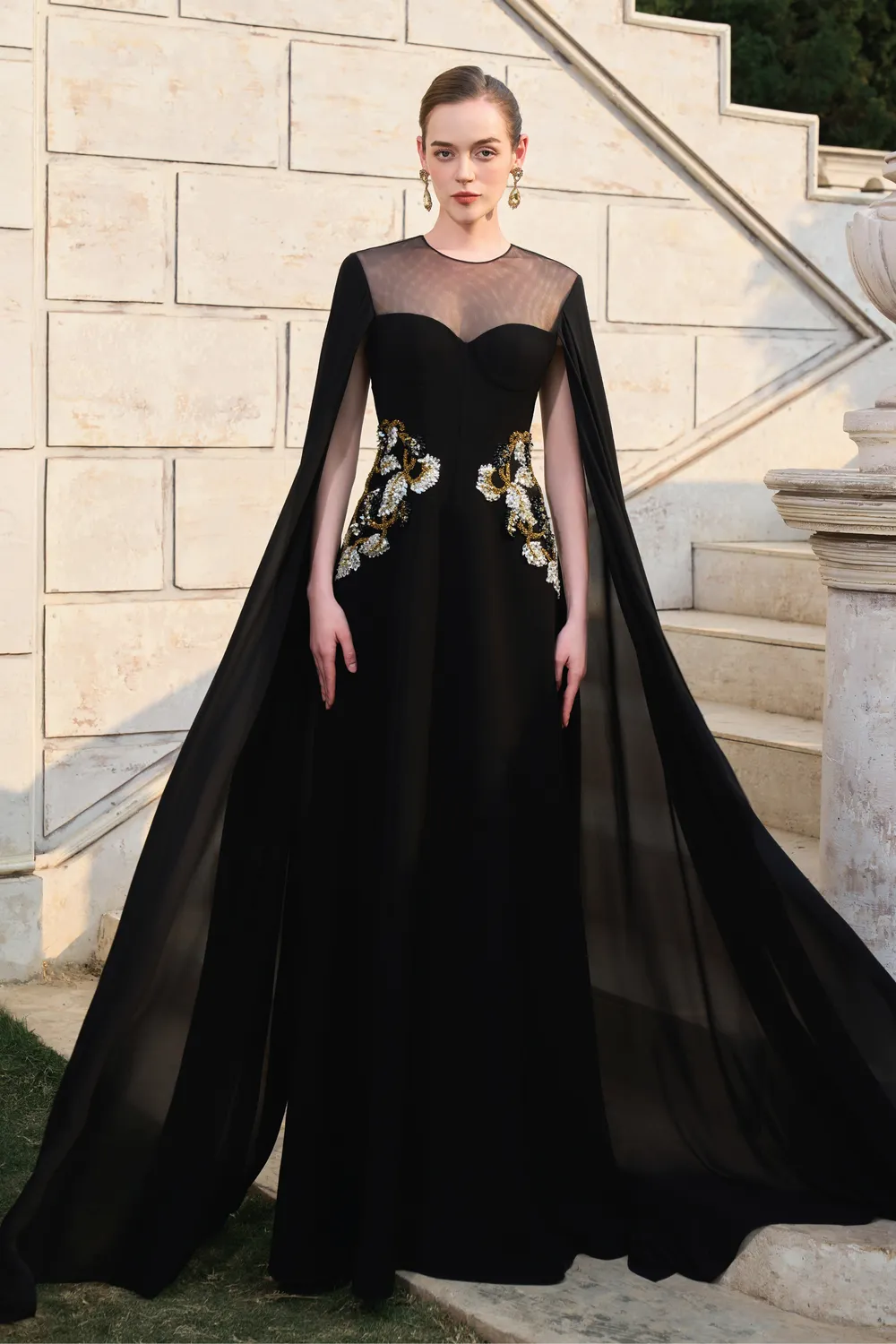 Long See-Through Flared Back Flap With Symmetric Embellished Dress