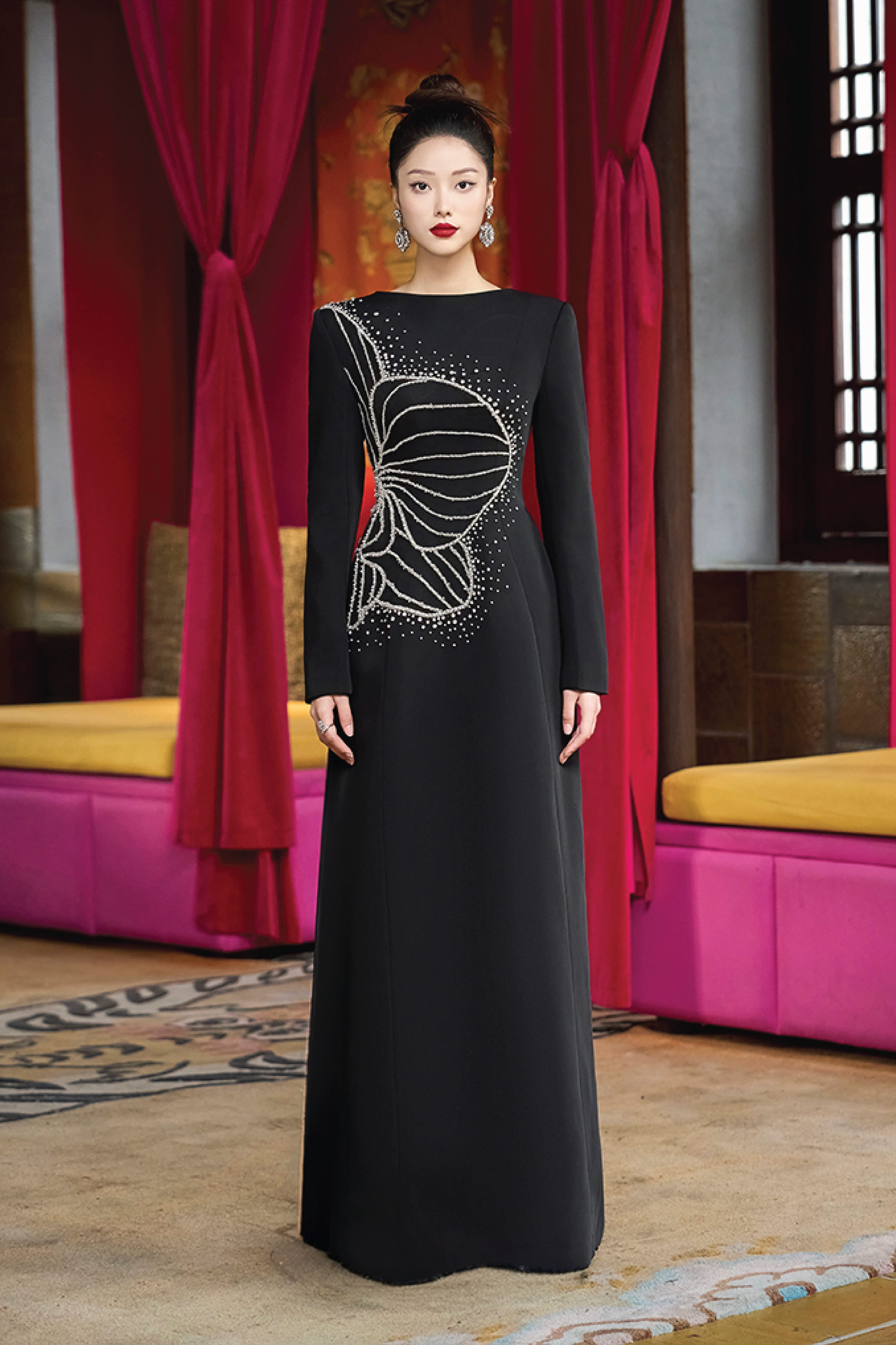 Boat Neck Floral Crystal Embellished Dress - TRACY COUTURE