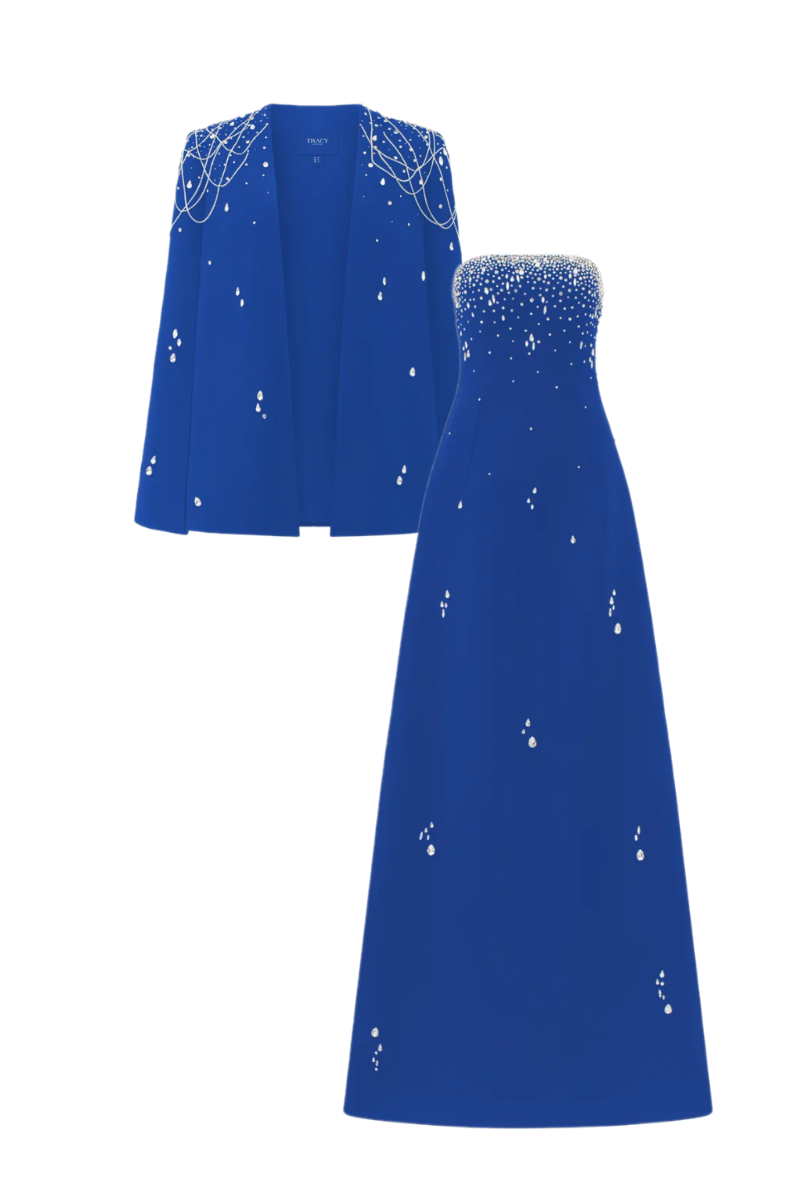 Crystal Strings Cape With Straight Across Crystal Embellished Dress Set