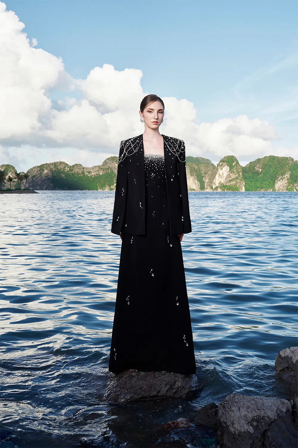 Crystal Strings Cape With Straight Across Crystal Embellished Dress Set