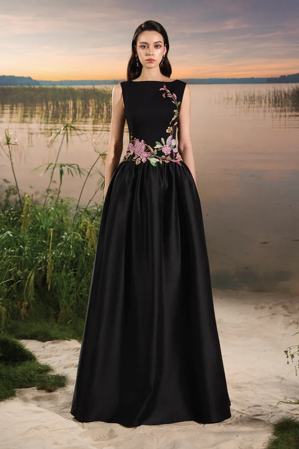 Floral Embellished Gathered Dress - TRACY COUTURE