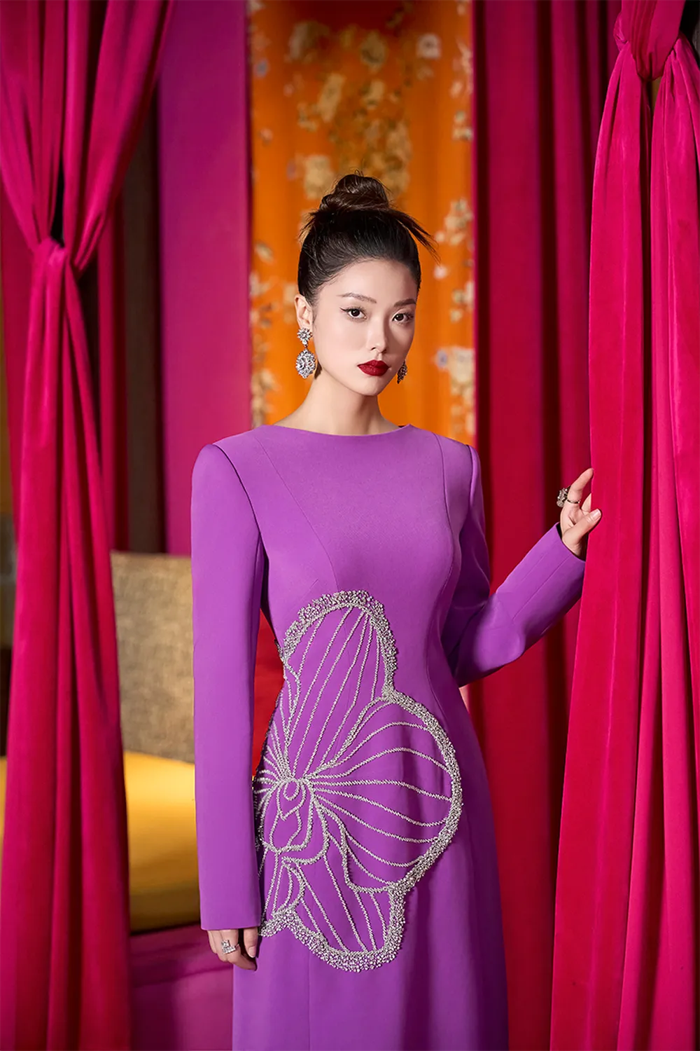 Boat Neck Orchid Crystal Embellished Dress