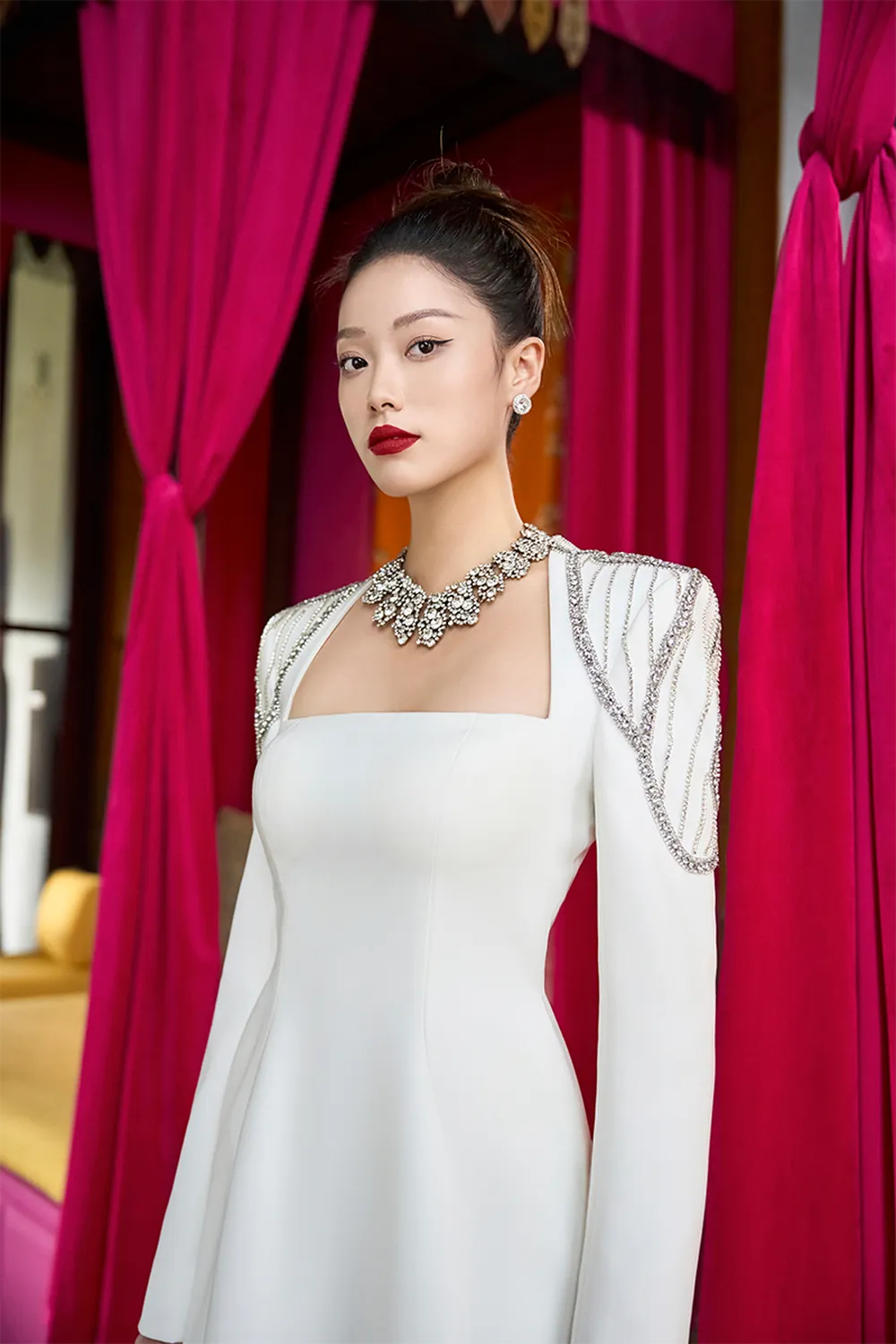 Long Sleeve Crystal Embellished Shoulder Dress - TRACY COUTURE