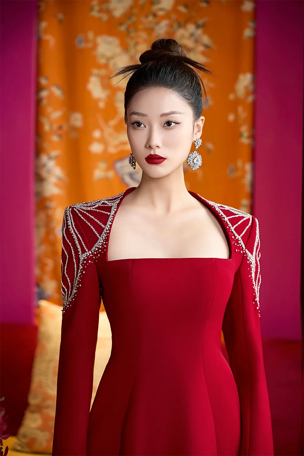 Square Neck Crystal Embellished Shoulder Dress