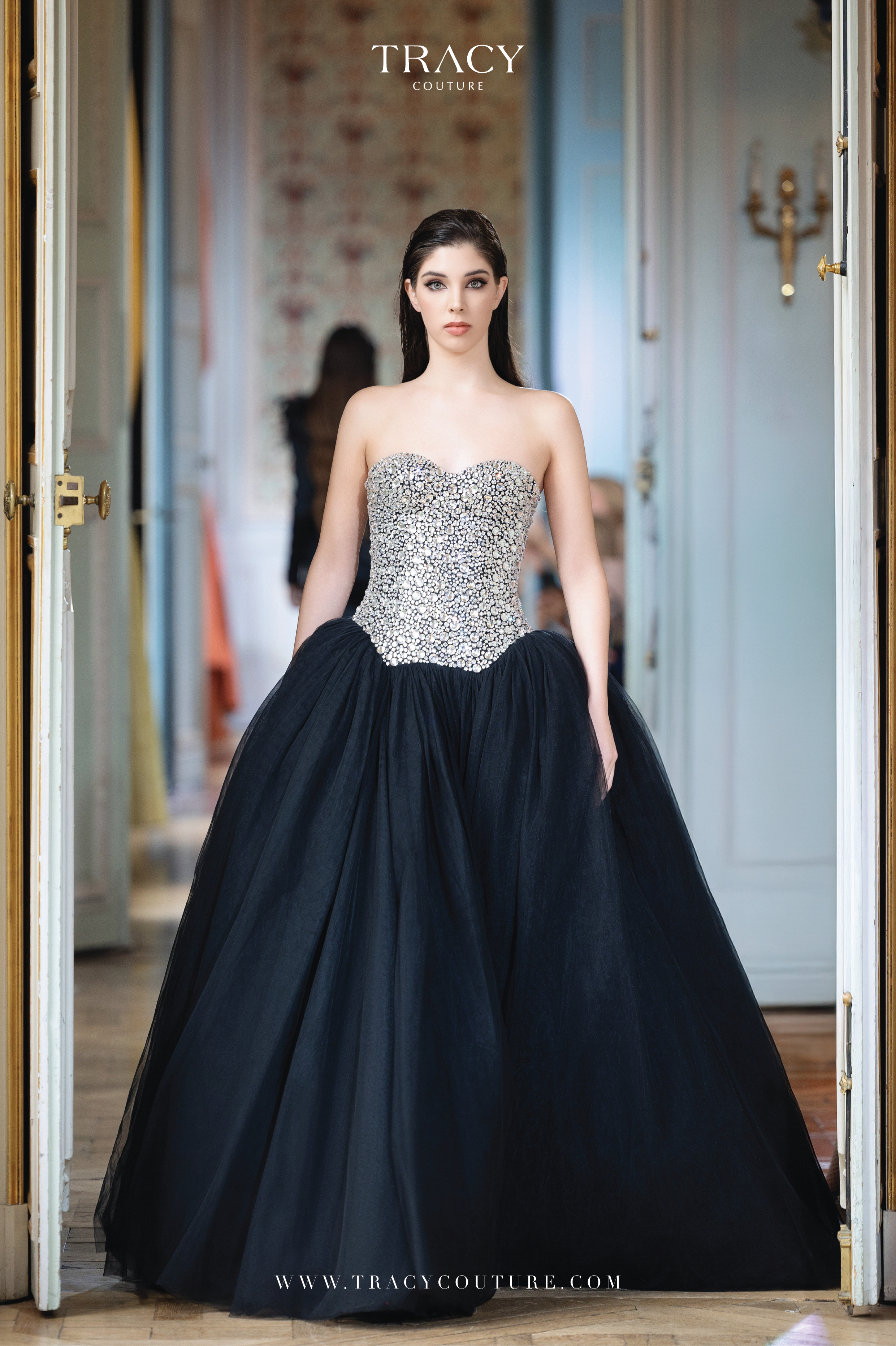 tracy prom dresses Tracy Studio luxury crystal embellished Wavy Off Shoulder Floor Length Long Sleeves Evening Dress -Torrye Blue / XXL