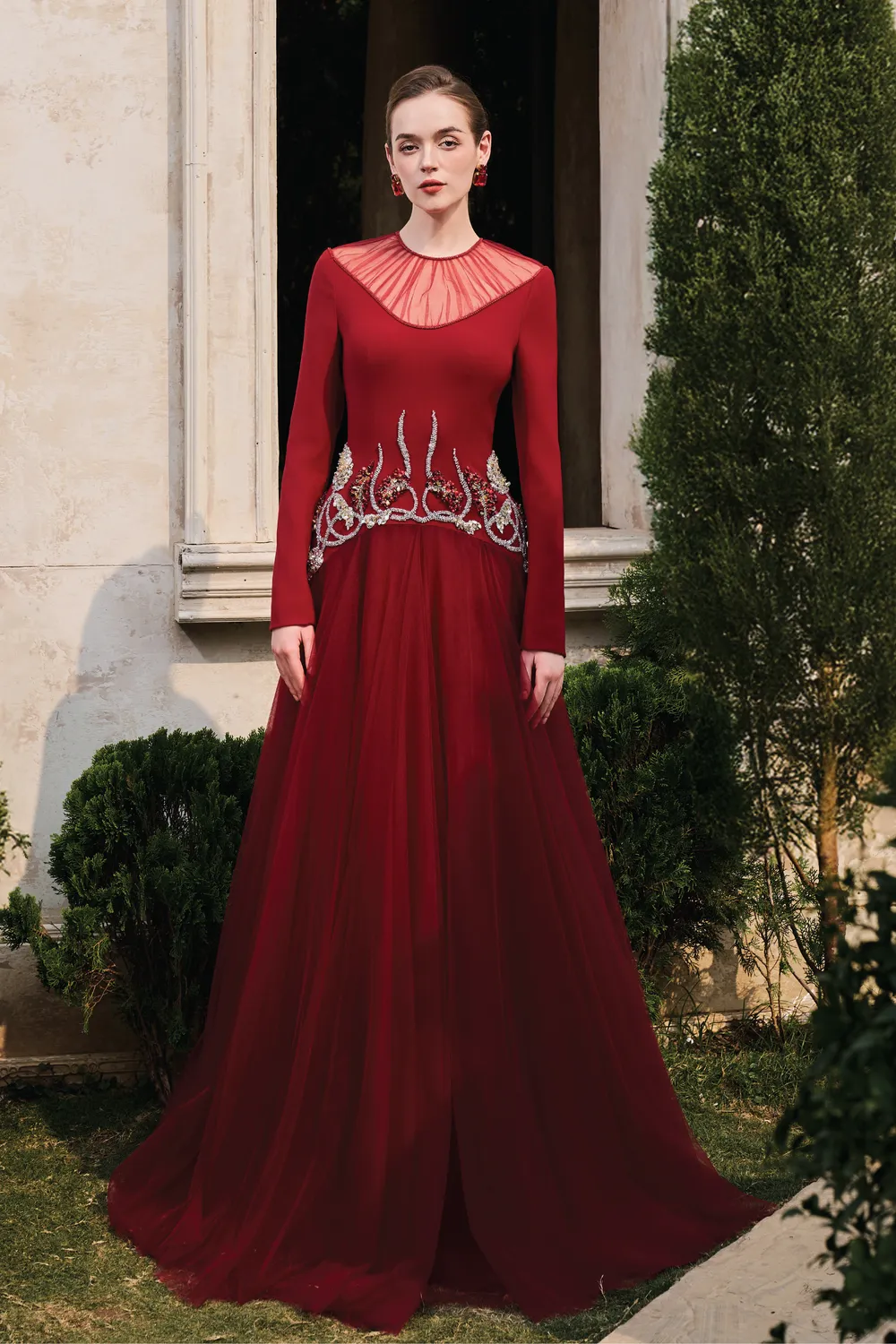 Gathered See-Through Shoulder Curved Crystal Hemline Dress