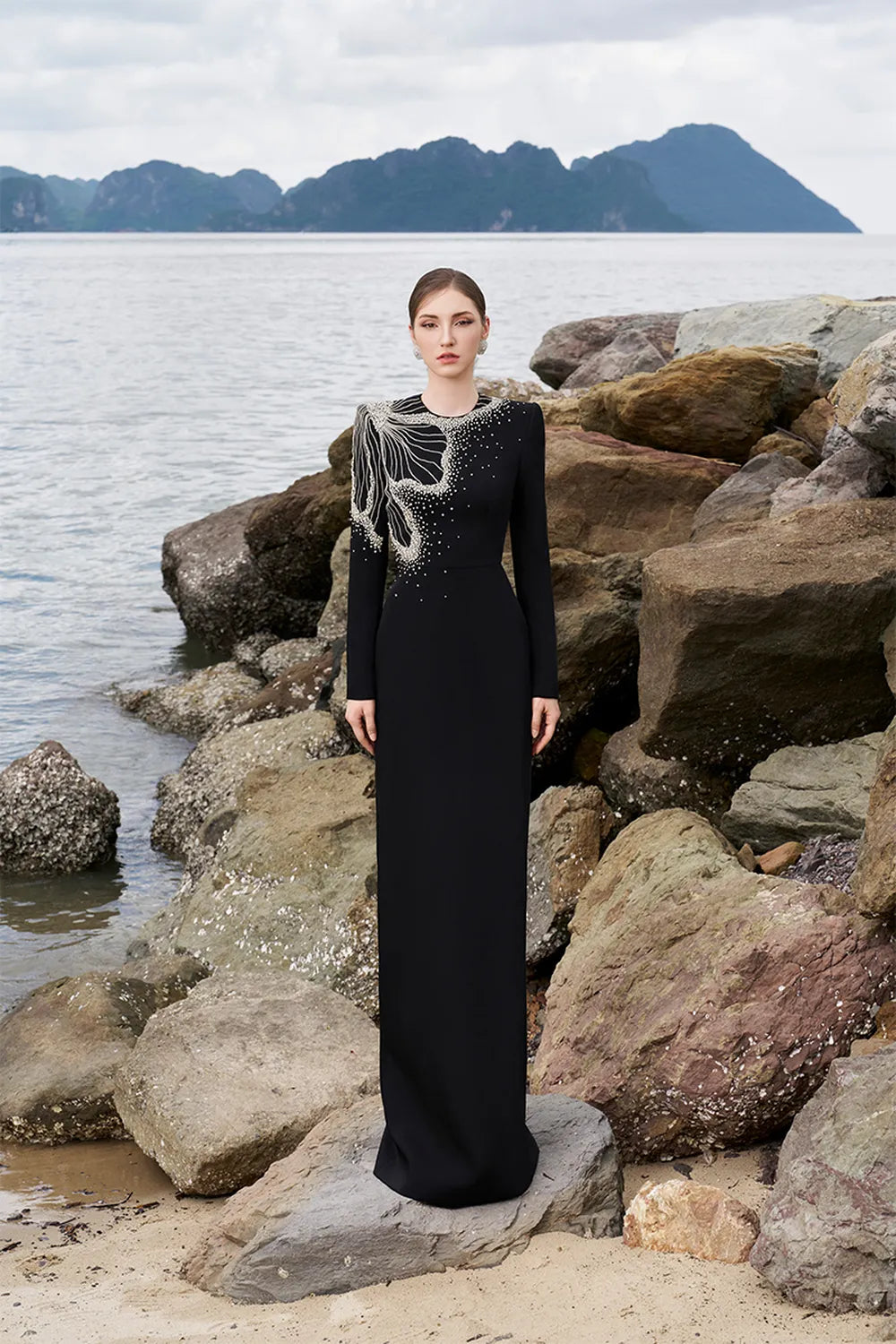 One Side Floral Crystal Embellishment Long Sleeves Dress