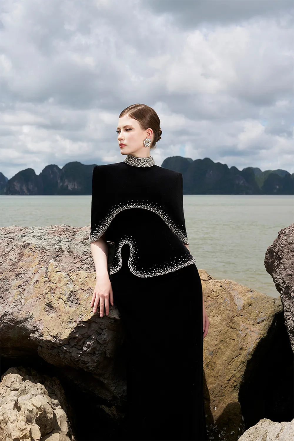 High Neck Curved Cape With Wavy Crystal Embellished Line Dress Set